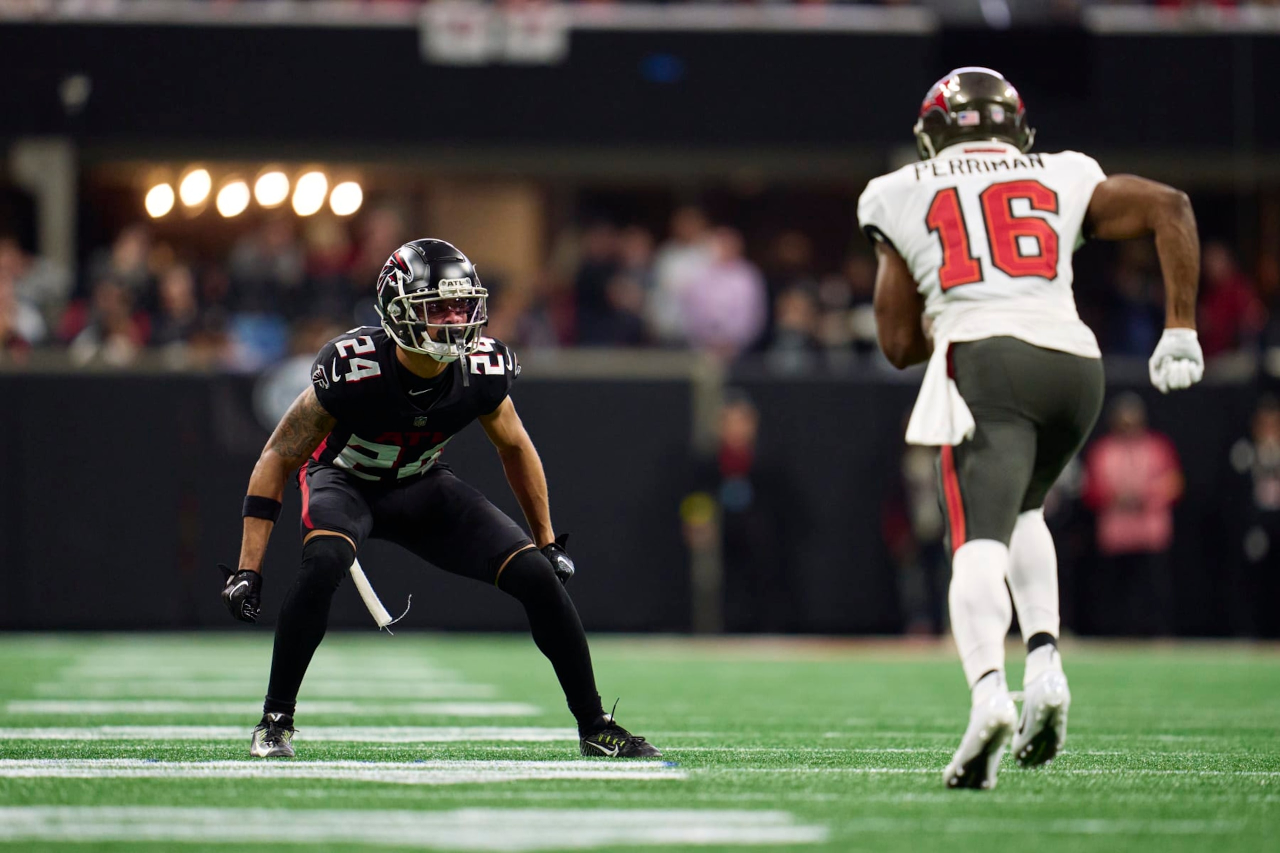 ATLANTA, GA - JANUARY 08: A.J. Terrell #24 of the Atlanta Falcons defends against the Tampa Bay Buccaneers during the second half at Mercedes-Benz Stadium on January 8, 2023 in Atlanta, Georgia. (Photo by Cooper Neill/Getty Images)