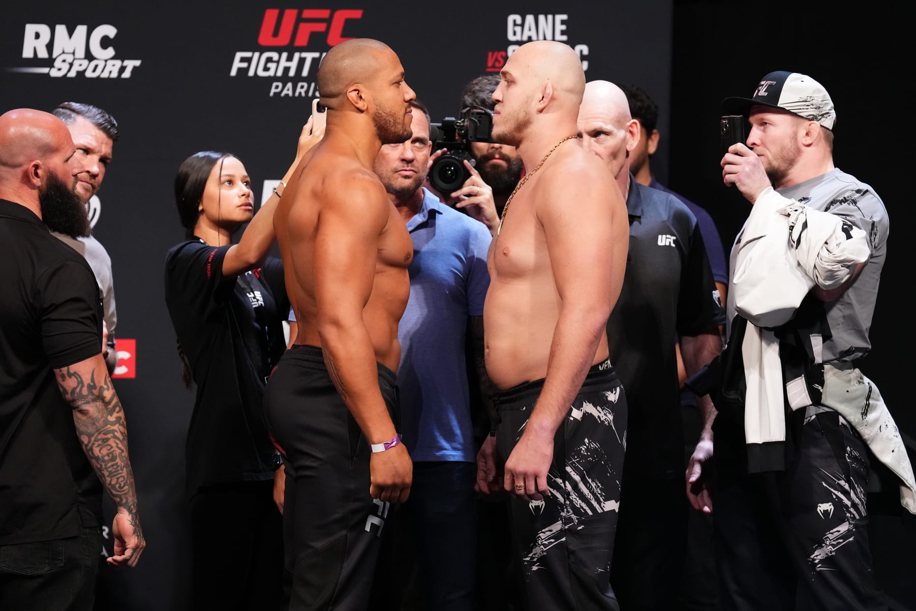 PARIS, FRANCE - SEPTEMBER 01: (L-R) Ciryl Gane of France and Serghei Spivac of Moldova face off during the UFC Fight Night ceremonial weigh-in at The Accor Arena on September 01, 2023 in Paris, France. (Photo by Josh Hedges/Zuffa LLC via Getty Images)