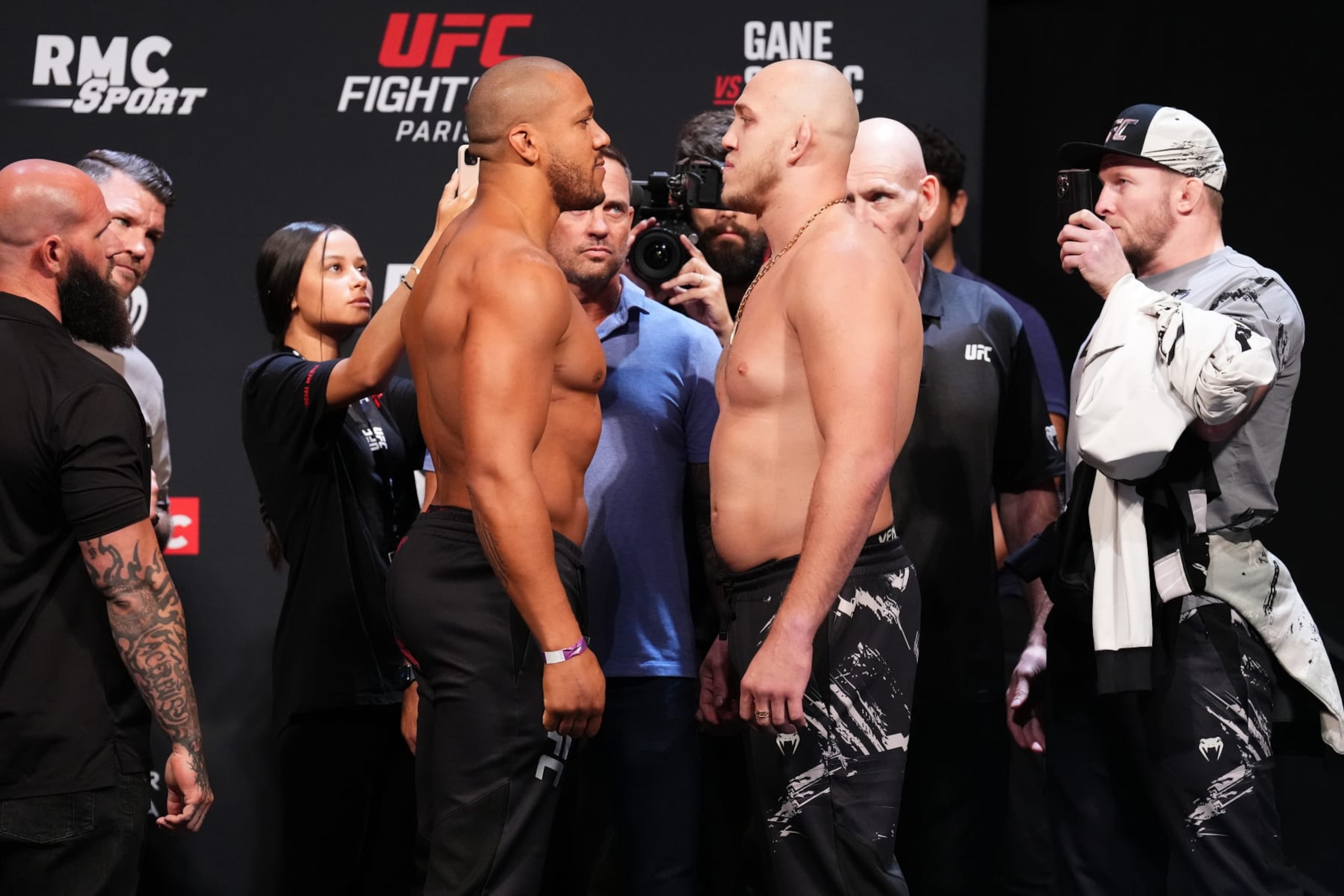 PARIS, FRANCE - SEPTEMBER 01: (L-R) Ciryl Gane of France and Serghei Spivac of Moldova face off during the UFC Fight Night ceremonial weigh-in at The Accor Arena on September 01, 2023 in Paris, France. (Photo by Josh Hedges/Zuffa LLC via Getty Images)