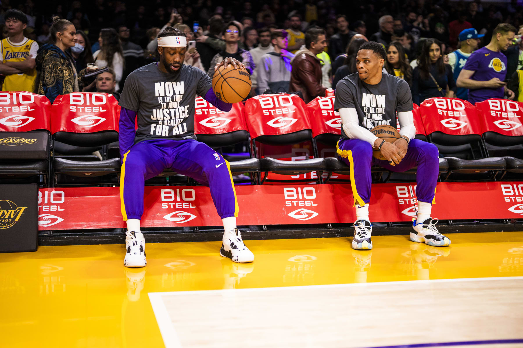 LOS ANGELES, CA - JANUARY 16: Patrick Beverly and Russell Westbrook sit on the bench before the game against the Houston Rockets on January 16, 2023 at Crypto.Com Arena in Los Angeles, California. NOTE TO USER: User expressly acknowledges and agrees that, by downloading and/or using this Photograph, user is consenting to the terms and conditions of the Getty Images License Agreement. Mandatory Copyright Notice: Copyright 2023 NBAE (Photo by Tyler Ross/NBAE via Getty Images)