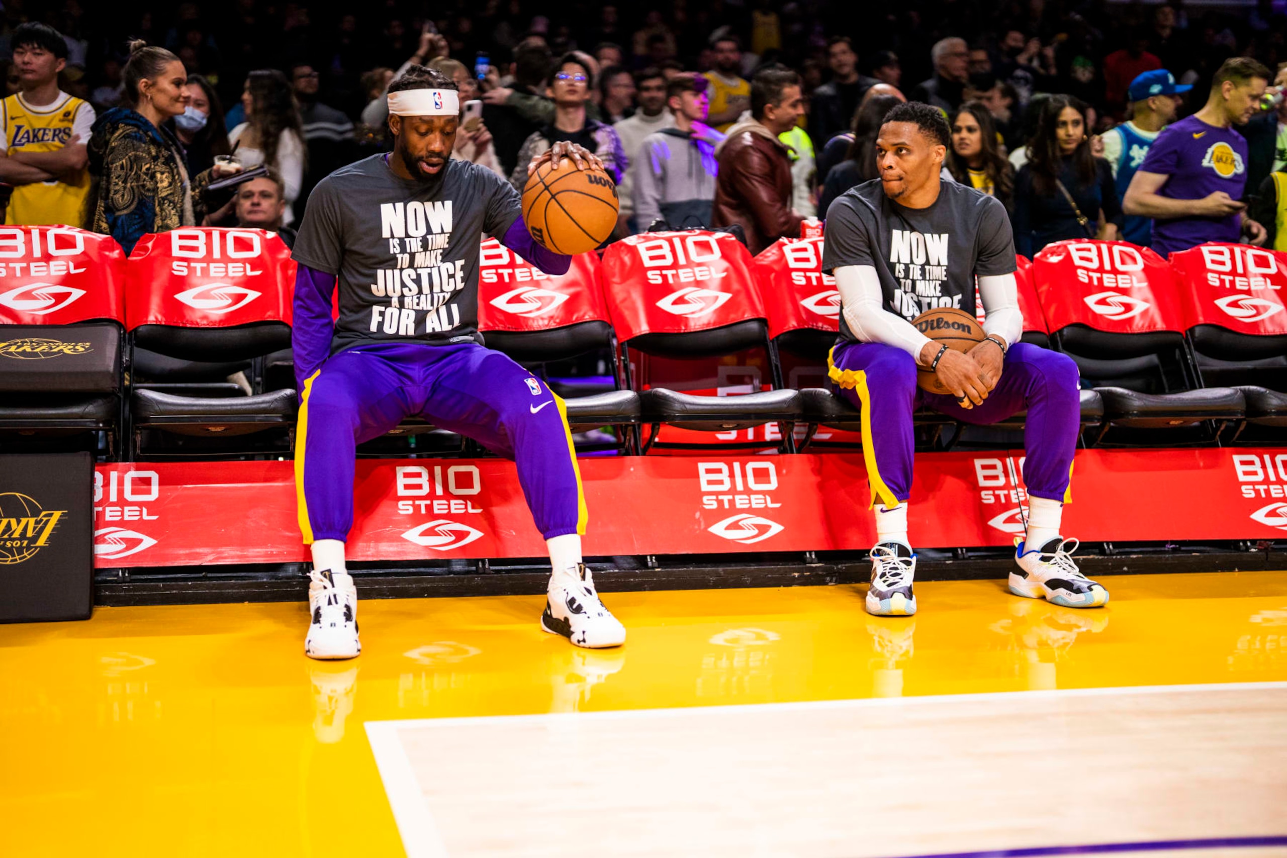 LOS ANGELES, CA - JANUARY 16: Patrick Beverly and Russell Westbrook sit on the bench before the game against the Houston Rockets on January 16, 2023 at Crypto.Com Arena in Los Angeles, California. NOTE TO USER: User expressly acknowledges and agrees that, by downloading and/or using this Photograph, user is consenting to the terms and conditions of the Getty Images License Agreement. Mandatory Copyright Notice: Copyright 2023 NBAE (Photo by Tyler Ross/NBAE via Getty Images)