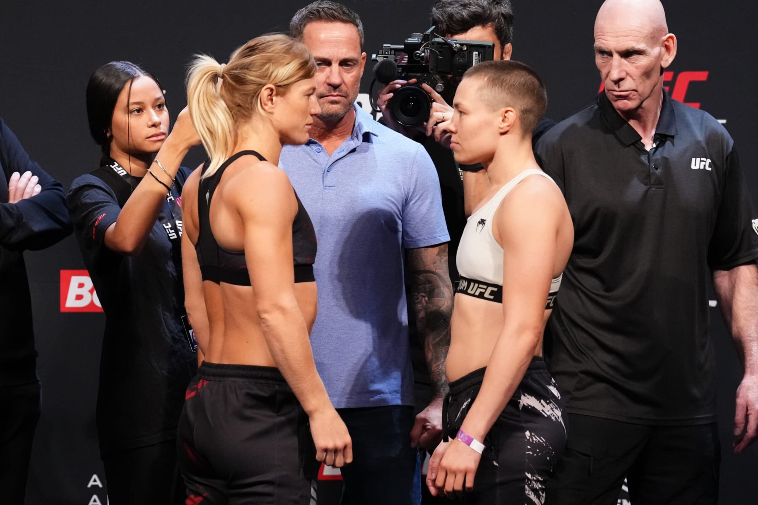 PARIS, FRANCE - SEPTEMBER 01: (L-R) Manon Fiorot of France and Rose Namajunas face off during the UFC Fight Night ceremonial weigh-in at The Accor Arena on September 01, 2023 in Paris, France. (Photo by Josh Hedges/Zuffa LLC via Getty Images)