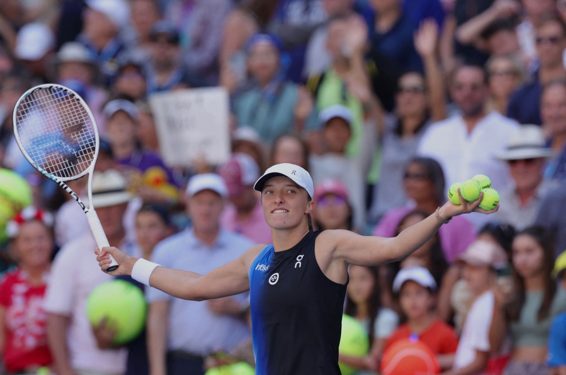 Poland's Iga Swiatek celebrates defeating Slovenia's Kaja Juvan in their US Open tennis tournament women's singles third round match at the USTA Billie Jean King National Tennis Center in New York on September 1, 2023. (Photo by Kena Betancur / AFP) (Photo by KENA BETANCUR/AFP via Getty Images)