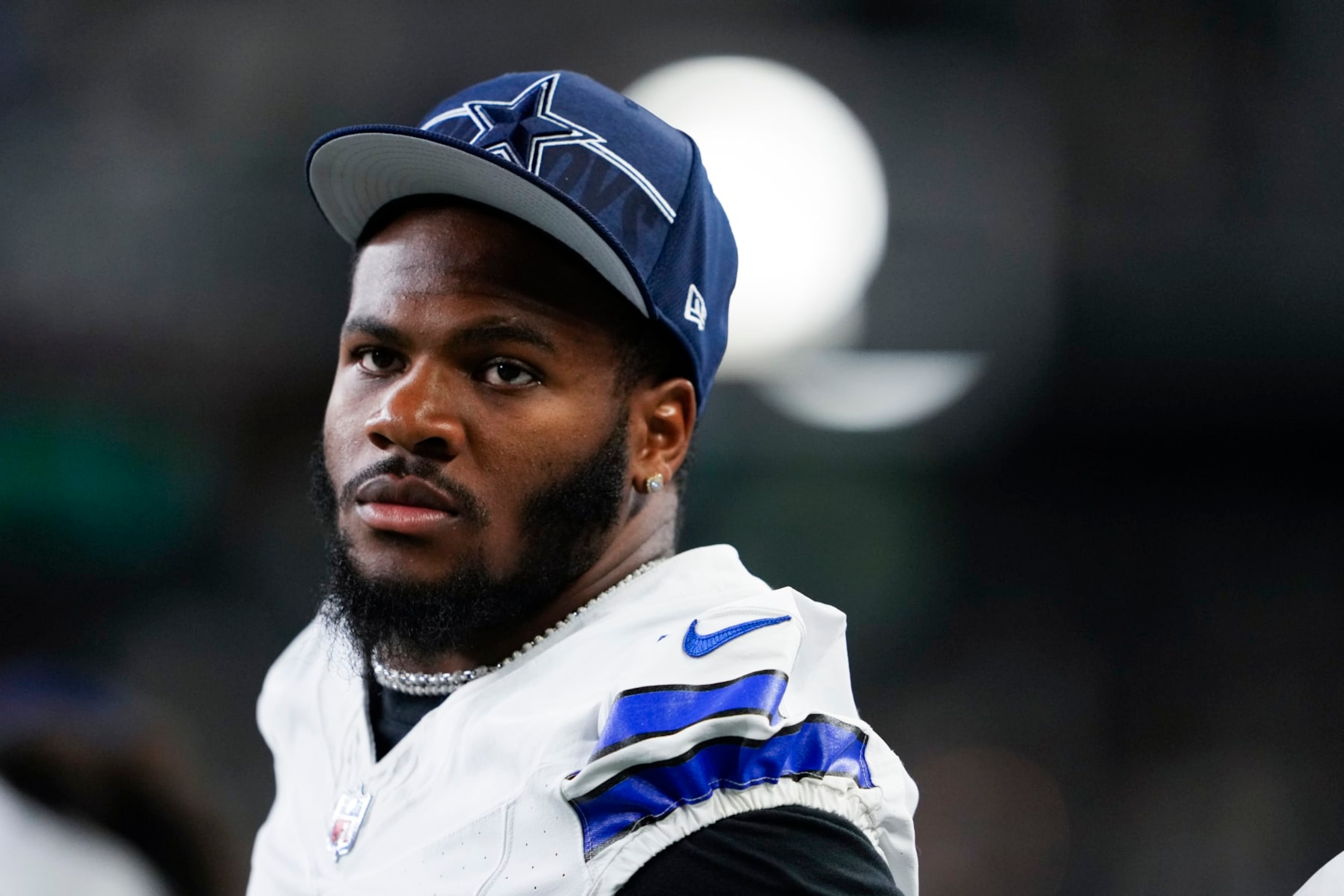 Dallas Cowboys linebacker Micah Parsons looks on from the sideline during a preseason NFL football game against the Seattle Seahawks, Saturday, Aug. 19, 2023, in Seattle. (AP Photo/Lindsey Wasson)