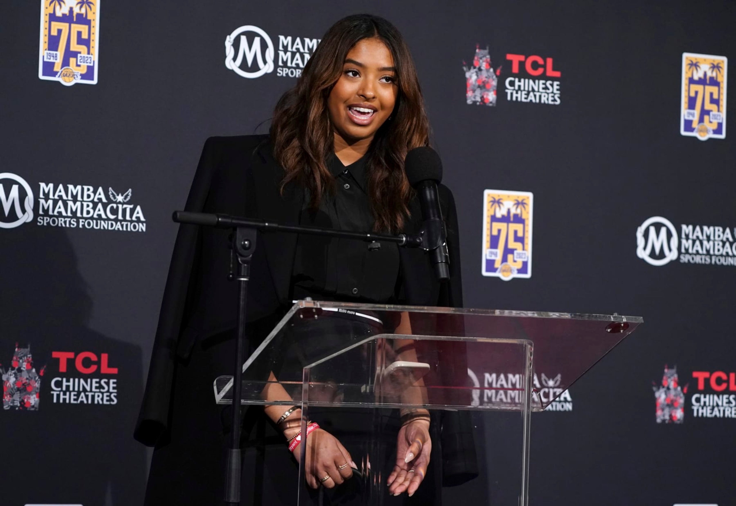 Natalia Bryant speaks during a ceremony honoring her late father, professional NBA player Kobe Bryant, by permanently placing his hand and footprints in the forecourt of the TCL Chinese Theatre on Wednesday, March 15, 2023, in Los Angeles. (Photo by Jordan Strauss/Invision/AP) Natalia Bryant speaks during a ceremony honoring her late father, professional NBA player Kobe Bryant, by permanently placing his hand and footprints in the forecourt of the TCL Chinese Theatre on Wednesday, March 15, 2023, in Los Angeles. (Photo by Jordan Strauss/Invision/AP)