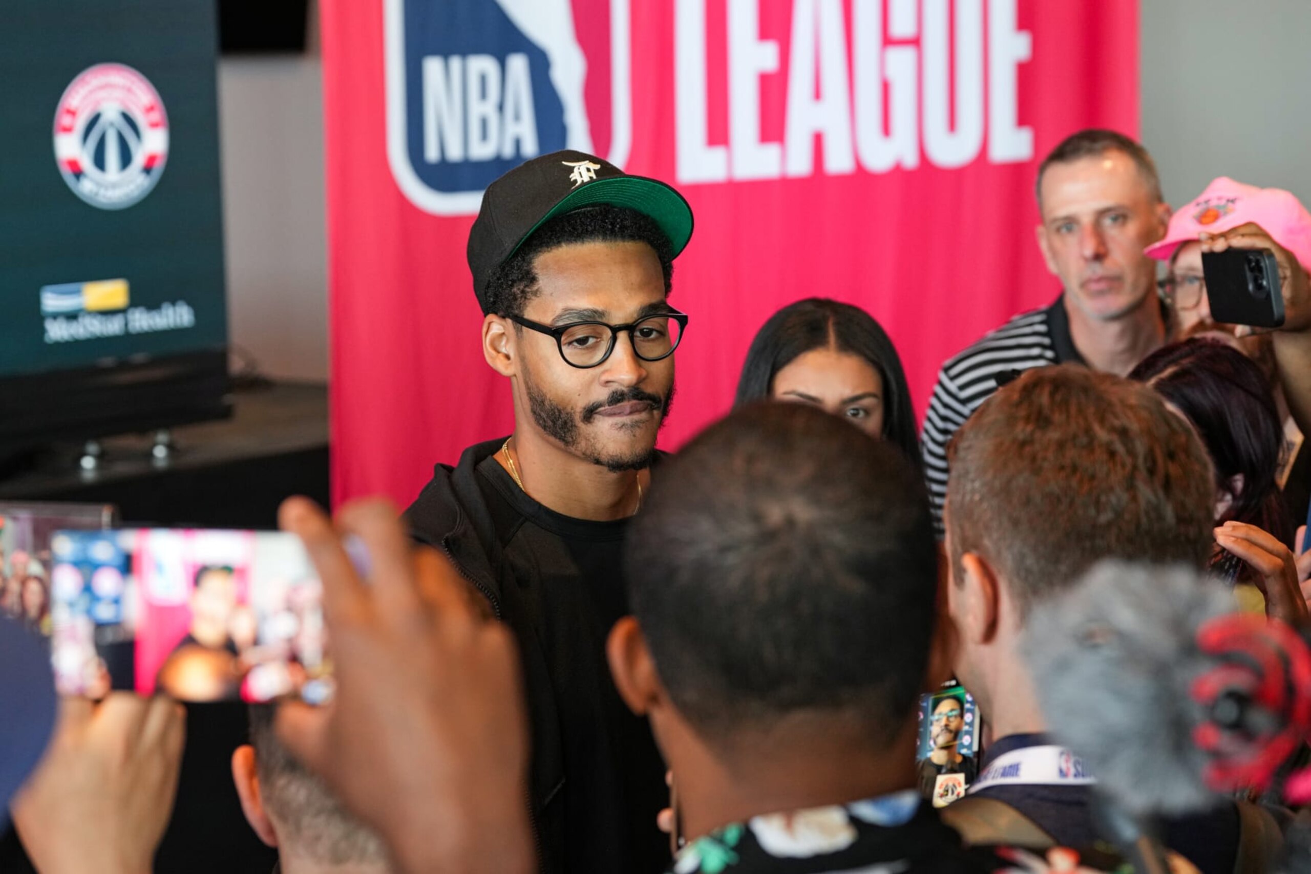 LAS VEGAS, NV - JULY 8: Jordan Poole of the Washington Wizards talks to the media during a Press Conference at 2023 Las Vegas Summer League  on July 8, 2023 at the Thomas & Mack Center in Las Vegas, Nevada. NOTE TO USER: User expressly acknowledges and agrees that, by downloading and or using this photograph, User is consenting to the terms and conditions of the Getty Images License Agreement. Mandatory Copyright Notice: Copyright 2023 NBAE (Photo by Ryan Stetz/NBAE via Getty Images)