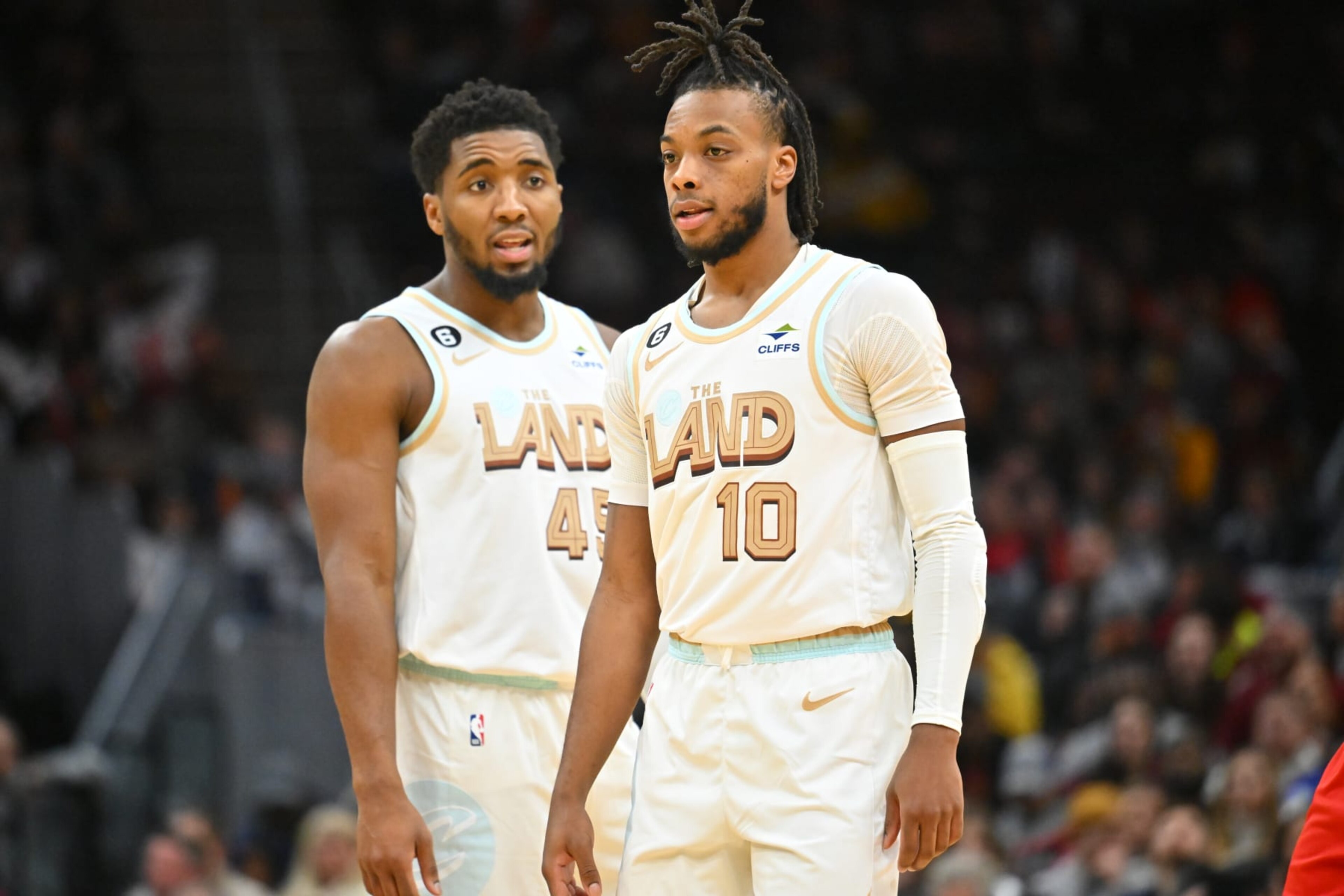 CLEVELAND, OHIO - DECEMBER 23: Darius Garland #10 and Donovan Mitchell #45 of the Cleveland Cavaliers talk during a free-throw against the Toronto Raptors during the fourth quarter at Rocket Mortgage Fieldhouse on December 23, 2022 in Cleveland, Ohio. The Raptors defeated the Cavaliers 118-107. NOTE TO USER: User expressly acknowledges and agrees that, by downloading and or using this photograph, User is consenting to the terms and conditions of the Getty Images License Agreement. (Photo by Jason Miller/Getty Images) CLEVELAND, OHIO - DECEMBER 23: Darius Garland #10 and Donovan Mitchell #45 of the Cleveland Cavaliers talk during a free-throw against the Toronto Raptors during the fourth quarter at Rocket Mortgage Fieldhouse on December 23, 2022 in Cleveland, Ohio. The Raptors defeated the Cavaliers 118-107. NOTE TO USER: User expressly acknowledges and agrees that, by downloading and or using this photograph, User is consenting to the terms and conditions of the Getty Images License Agreement. (Photo by Jason Miller/Getty Images)