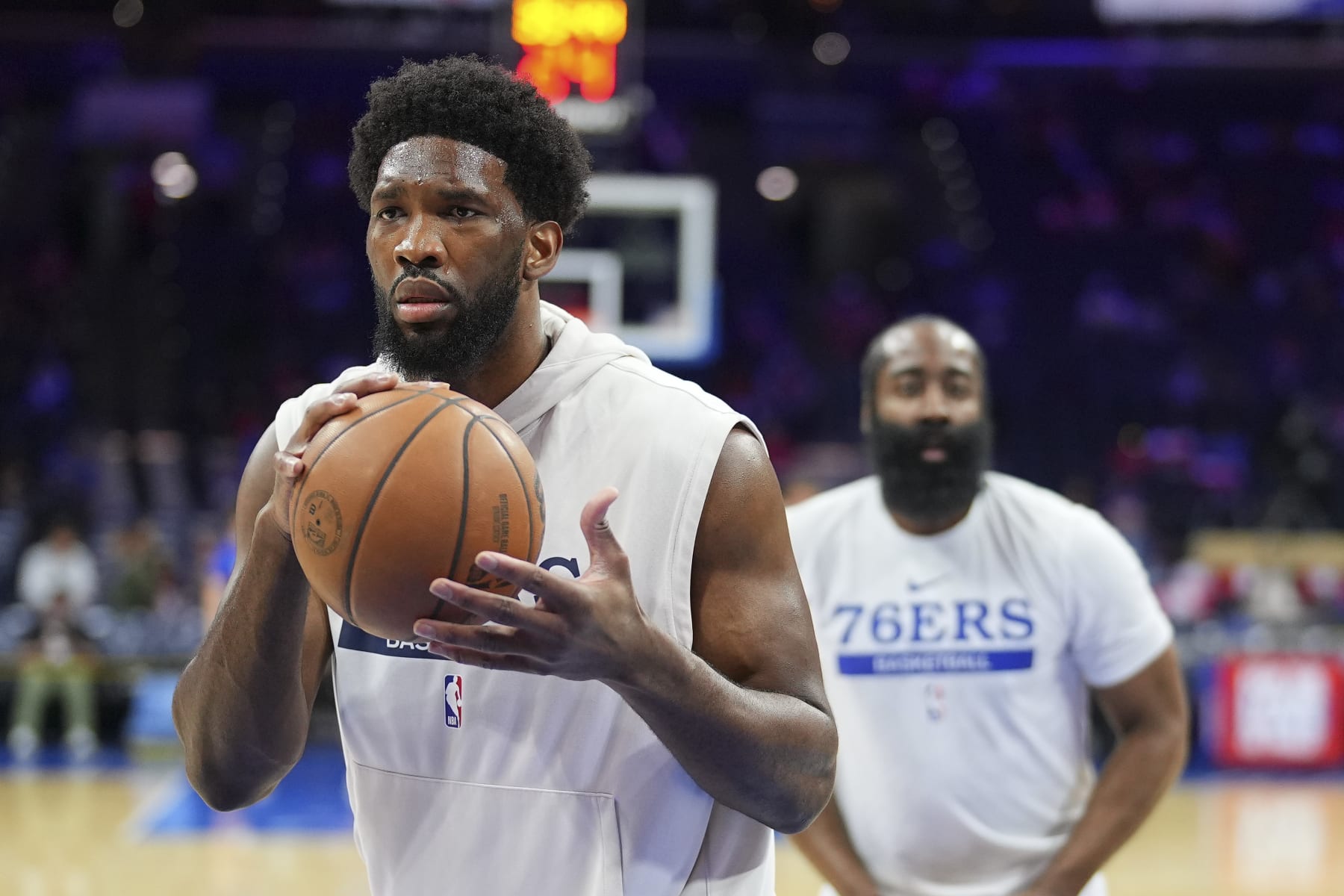 PHILADELPHIA, PA - APRIL 15: Joel Embiid #21 and James Harden #1 of the Philadelphia 76ers warm up against the Brooklyn Nets before Game One of the Eastern Conference First Round Playoffs at the Wells Fargo Center on April 15, 2023 in Philadelphia, Pennsylvania. NOTE TO USER: User expressly acknowledges and agrees that, by downloading and or using this photograph, User is consenting to the terms and conditions of the Getty Images License Agreement. (Photo by Mitchell Leff/Getty Images)