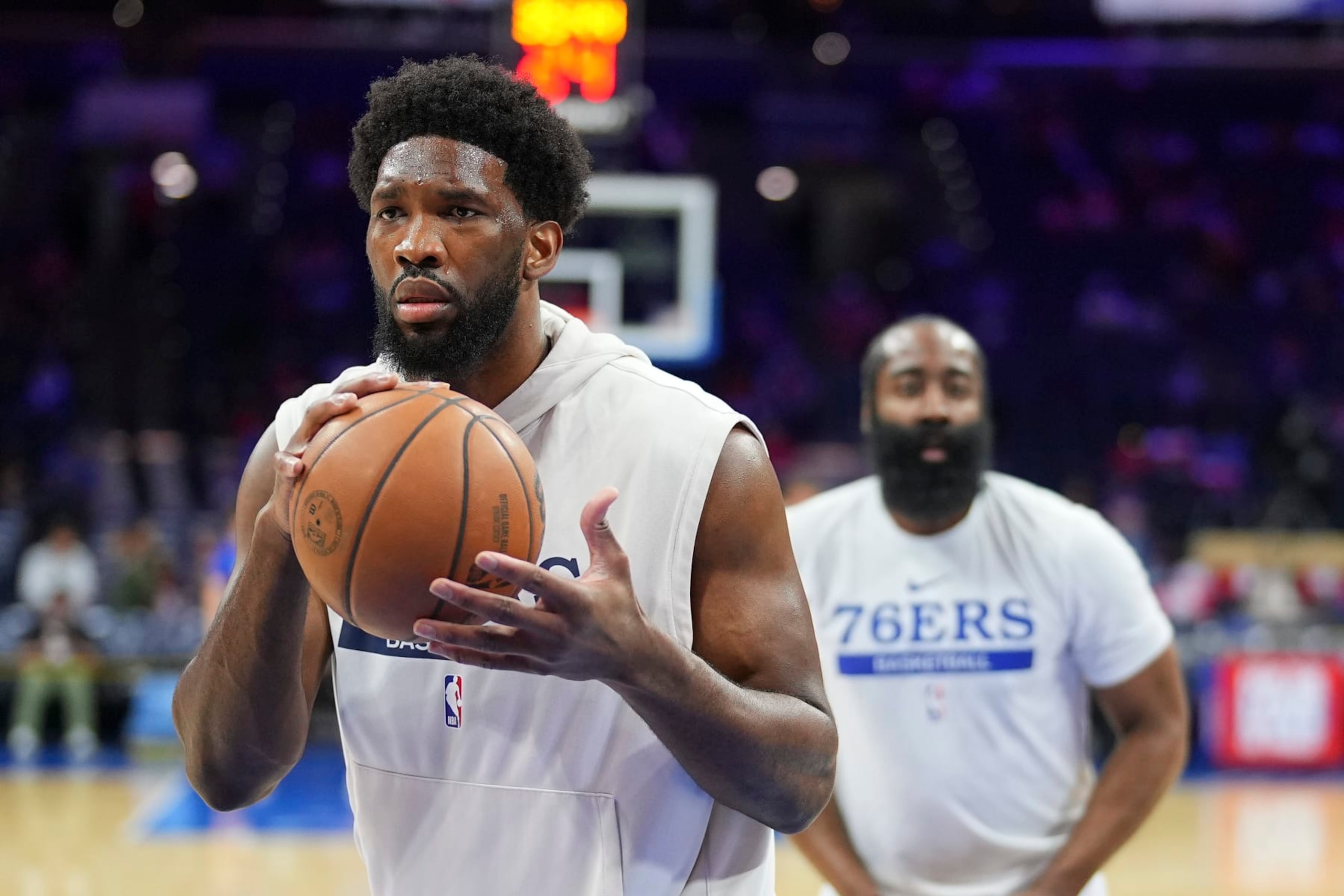 PHILADELPHIA, PA - APRIL 15: Joel Embiid #21 and James Harden #1 of the Philadelphia 76ers warm up against the Brooklyn Nets before Game One of the Eastern Conference First Round Playoffs at the Wells Fargo Center on April 15, 2023 in Philadelphia, Pennsylvania. NOTE TO USER: User expressly acknowledges and agrees that, by downloading and or using this photograph, User is consenting to the terms and conditions of the Getty Images License Agreement. (Photo by Mitchell Leff/Getty Images)