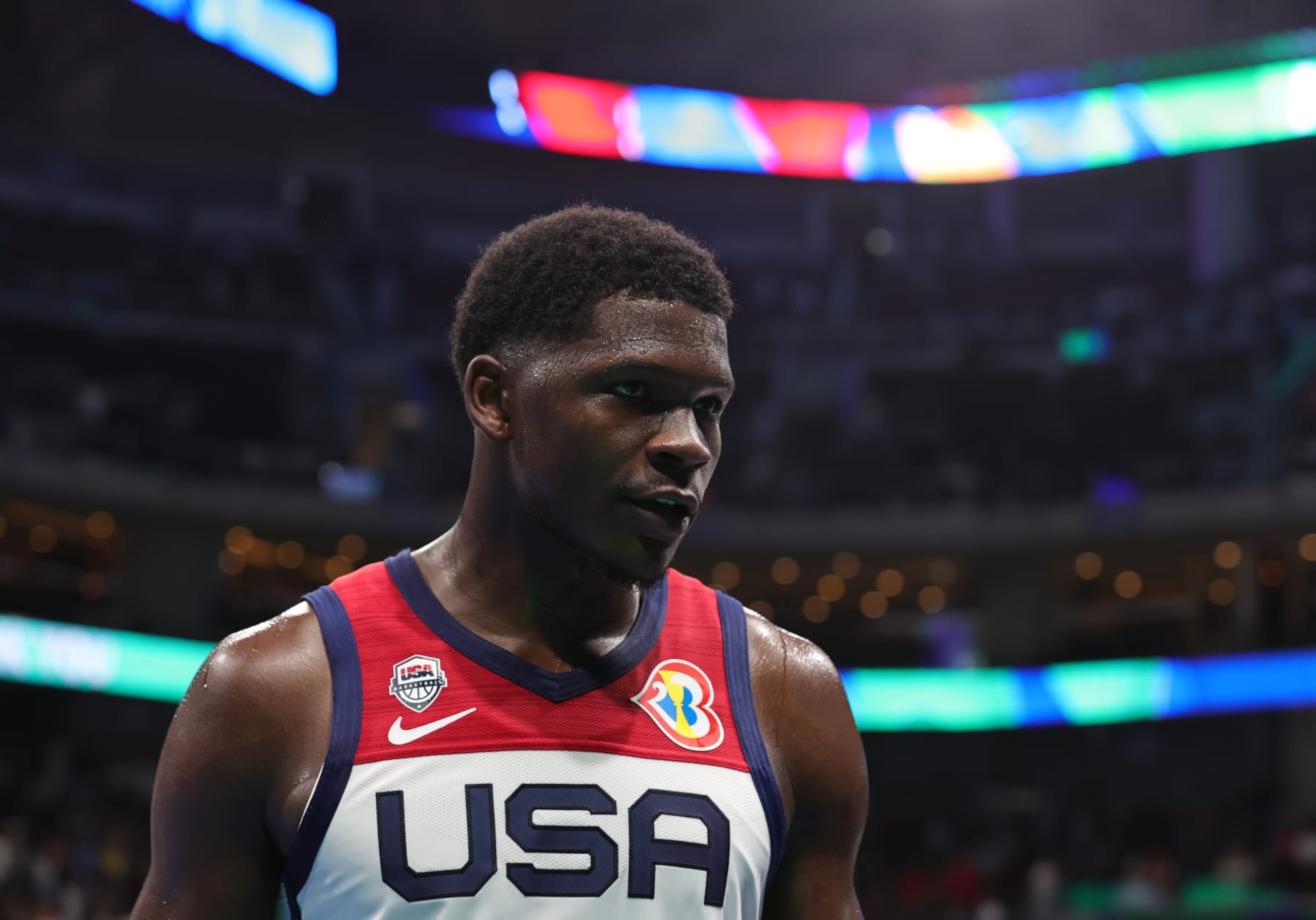 MANILA, PHILIPPINES - SEPTEMBER 1: Anthony Edwards #10 of the USA Men's Senior National Team looks on during the game against Montenegro in the second round as part of the 2023 FIBA World Cup on September 1, 2023 at Mall of Asia Arena in Manila, Philippines. NOTE TO USER: User expressly acknowledges and agrees that, by downloading and/or using this photograph, user is consenting to the terms and conditions of the Getty Images License Agreement. Mandatory Copyright Notice: Copyright 2023 NBAE (Photo by Nathaniel S. Butler/NBAE via Getty Images)