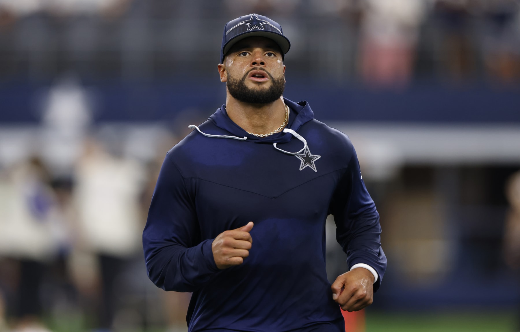 ARLINGTON, TX - AUGUST 26: Dak Prescott #4 of the Dallas Cowboys warms up before a preseason game against the Las Vegas Raiders at AT&T Stadium on August 26, 2023 in Arlington, Texas. (Photo by Ron Jenkins/Getty Images)