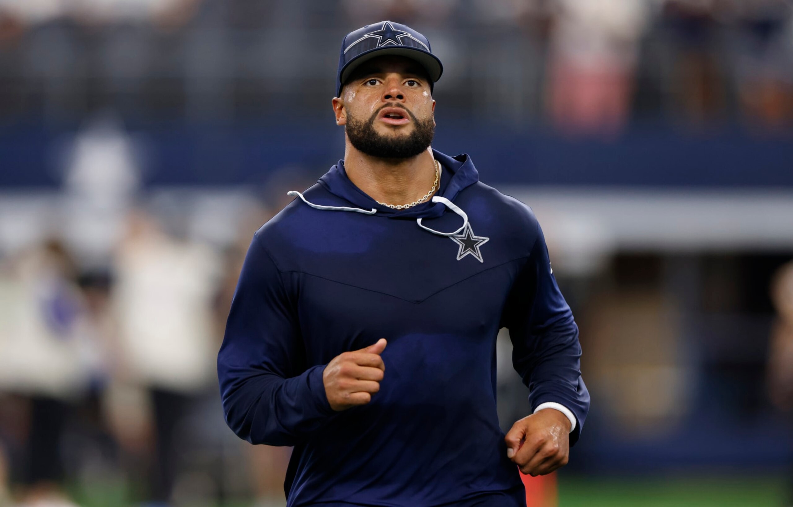 ARLINGTON, TX - AUGUST 26: Dak Prescott #4 of the Dallas Cowboys warms up before a preseason game against the Las Vegas Raiders at AT&T Stadium on August 26, 2023 in Arlington, Texas. (Photo by Ron Jenkins/Getty Images)