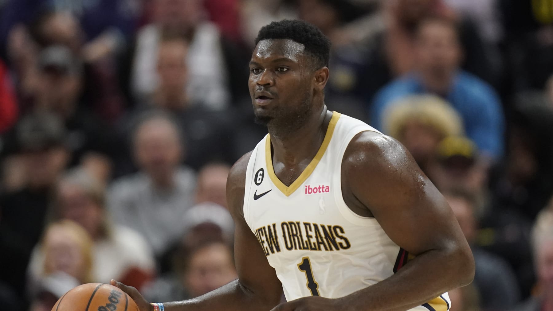 New Orleans Pelicans forward Zion Williamson (1) brings the ball up court during the second half of an NBA basketball game against the Utah Jazz Thursday, Dec. 15, 2022, in Salt Lake City. (AP Photo/Rick Bowmer)