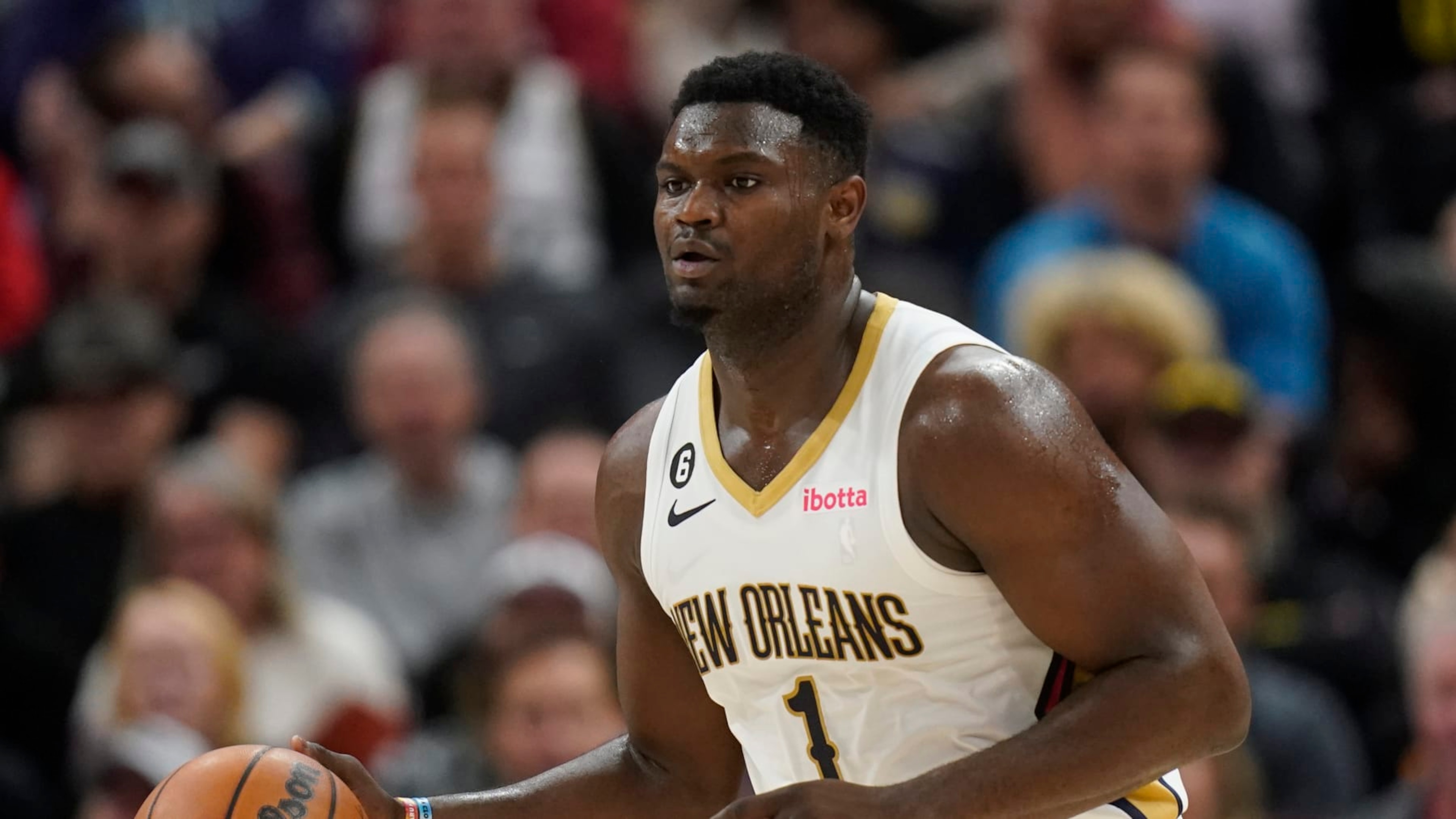 New Orleans Pelicans forward Zion Williamson (1) brings the ball up court during the second half of an NBA basketball game against the Utah Jazz Thursday, Dec. 15, 2022, in Salt Lake City. (AP Photo/Rick Bowmer)