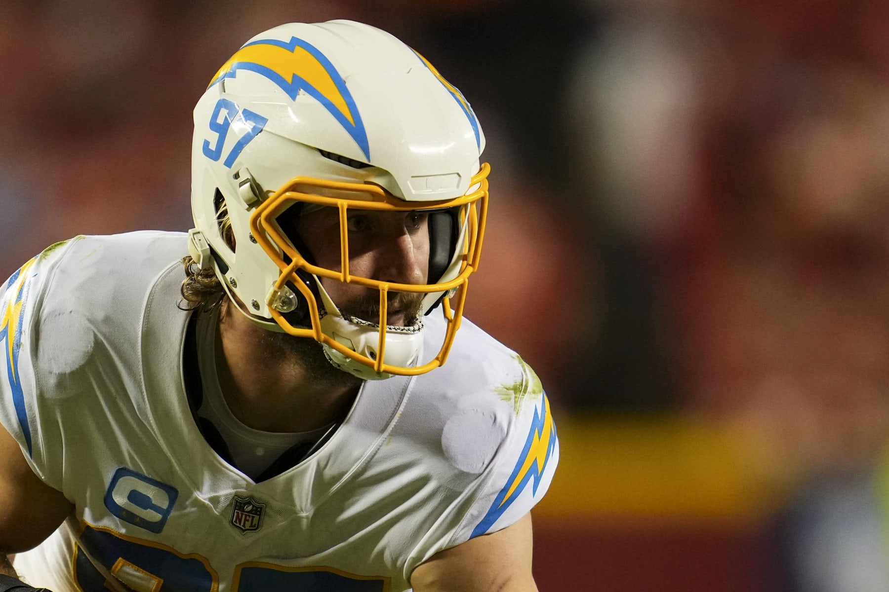 KANSAS CITY, MO - SEPTEMBER 15: Joey Bosa #97 of the Los Angeles Chargers gets set against the Kansas City Chiefs at GEHA Field at Arrowhead Stadium on September 15, 2022 in Kansas City, Missouri. (Photo by Cooper Neill/Getty Images) KANSAS CITY, MO - SEPTEMBER 15: Joey Bosa #97 of the Los Angeles Chargers gets set against the Kansas City Chiefs at GEHA Field at Arrowhead Stadium on September 15, 2022 in Kansas City, Missouri. (Photo by Cooper Neill/Getty Images)