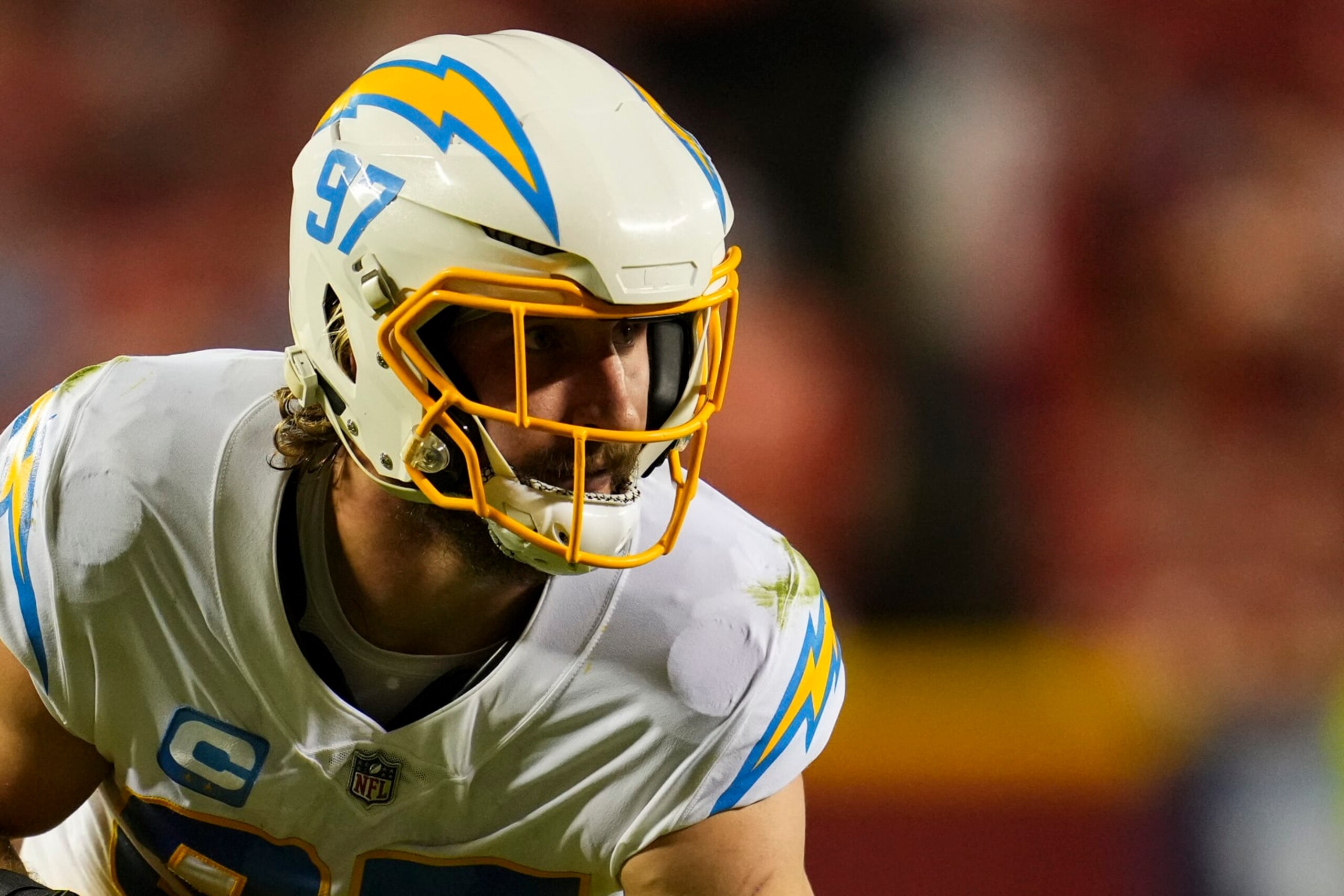 KANSAS CITY, MO - SEPTEMBER 15: Joey Bosa #97 of the Los Angeles Chargers gets set against the Kansas City Chiefs at GEHA Field at Arrowhead Stadium on September 15, 2022 in Kansas City, Missouri. (Photo by Cooper Neill/Getty Images)