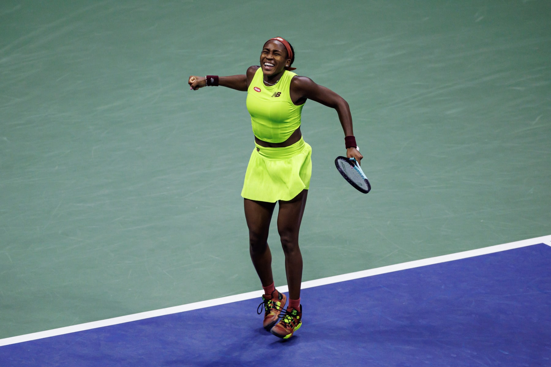 NEW YORK, NEW YORK - SEPTEMBER 01: Coco Gauff of the United States celebrates her victory over Elise Mertens of Belgium in the third round of the US Open at the USTA Billie Jean King National Tennis Center on September 01, 2023 in New York City. (Photo by Frey/TPN/Getty Images)
