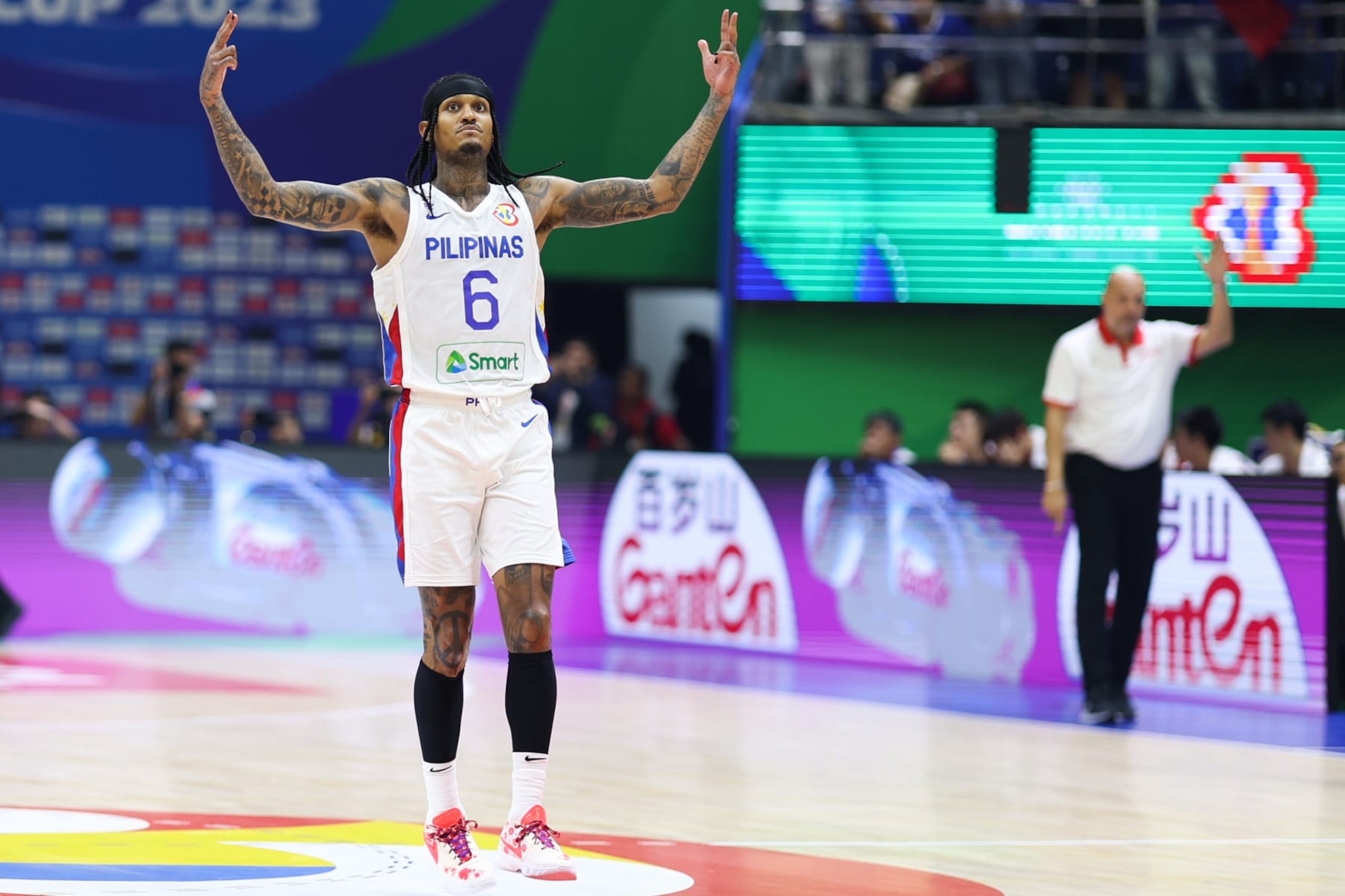 MANILA, PHILIPPINES - SEPTEMBER 02: Jordan Clarksons #6 of Philippines reacts during the Classification Round 17-32 Group M match between Philippines and China on day 9 of the FIBA Basketball World Cup at Araneta Coliseum on September 2, 2023 in Manila, Philippines. (Photo by VCG/VCG via Getty Images)