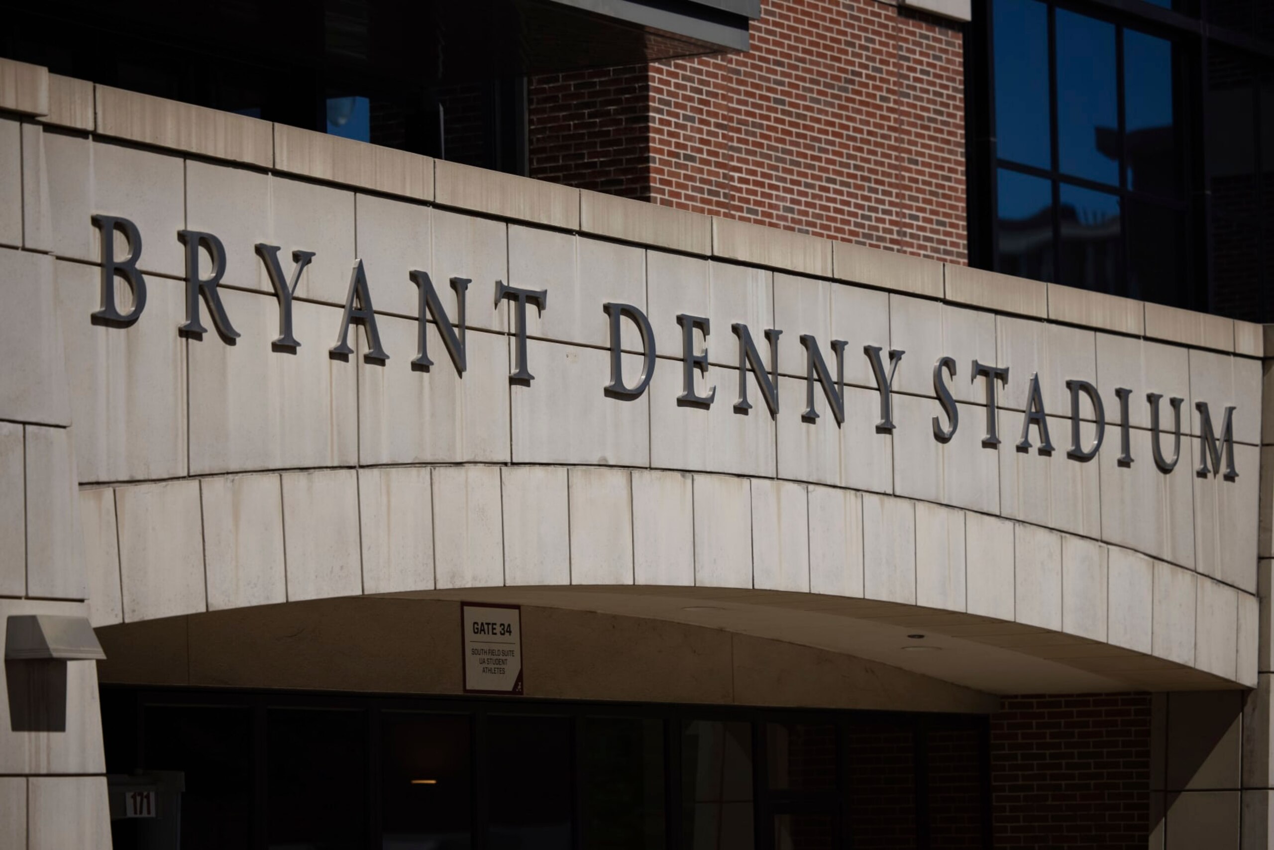 Detail shot of Bryant-Denny Stadium signage as Alabama, playing against Texas A&M, and its fans adjust to the new 'Covid normal' on NCAA college football game day, Saturday, Oct. 3, 2020, in Tuscaloosa, Ala. A restricted number of fans were allowed to attend the game, meaning many did not travel to the city, while others sought social opportunities at restaurants and bars. (AP Photo/Vasha Hunt)