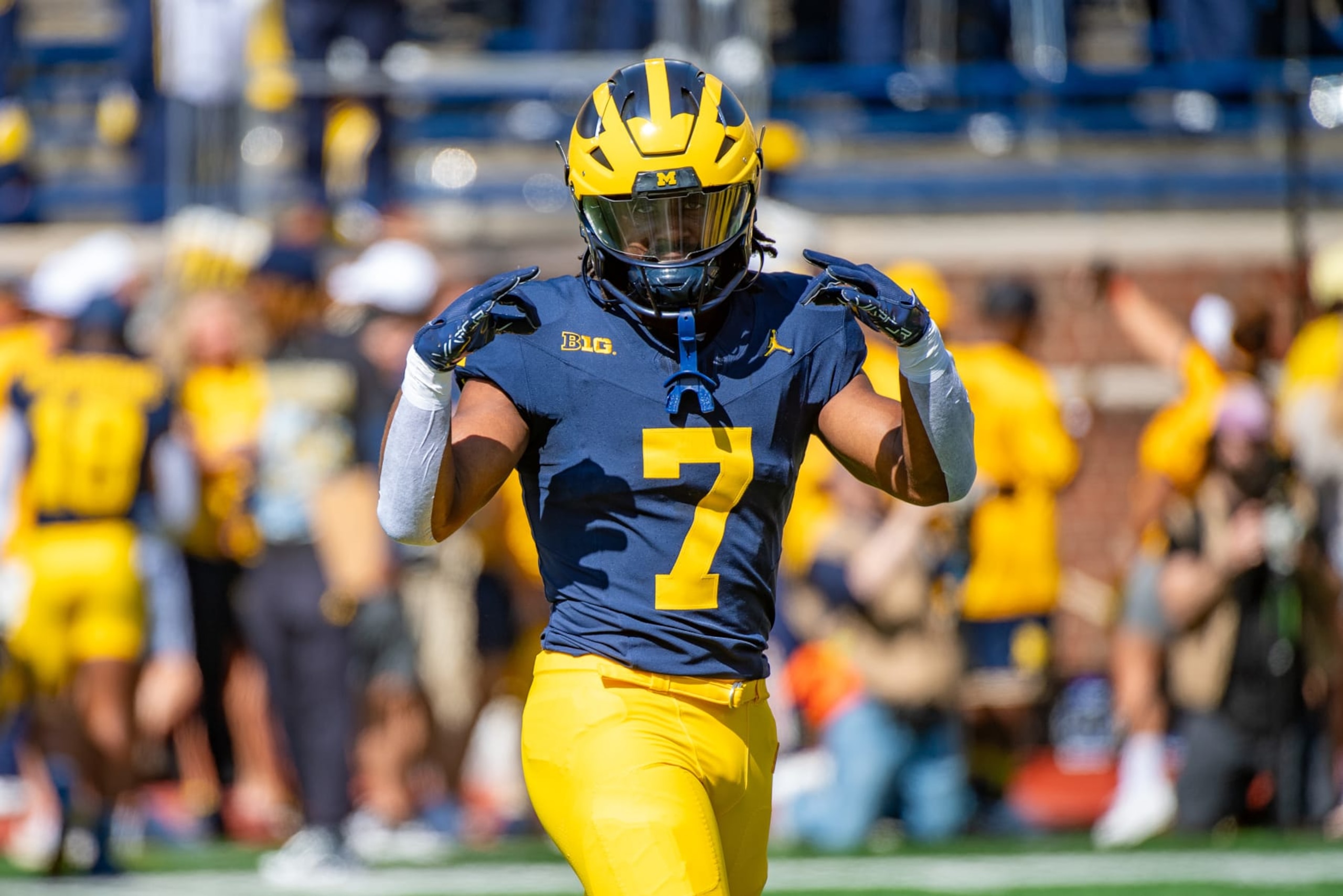 ANN ARBOR, MICHIGAN - SEPTEMBER 02: Donovan Edwards #1 of the Michigan Wolverines is seen during warm-up before a college football game against the East Carolina Pirates at Michigan Stadium on September 02, 2023 in Ann Arbor, Michigan. (Photo by Aaron J. Thornton/Getty Images)