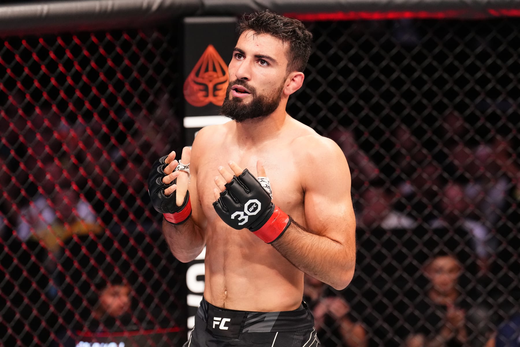 PARIS, FRANCE - SEPTEMBER 02: Farid Basharat of Afghanistan reacts after defeating Kleydson Rodrigues of Brazil in a bantamweight fight during the UFC Fight Night event at The Accor Arena on September 02, 2023 in Paris, France. (Photo by Josh Hedges/Zuffa LLC via Getty Images)