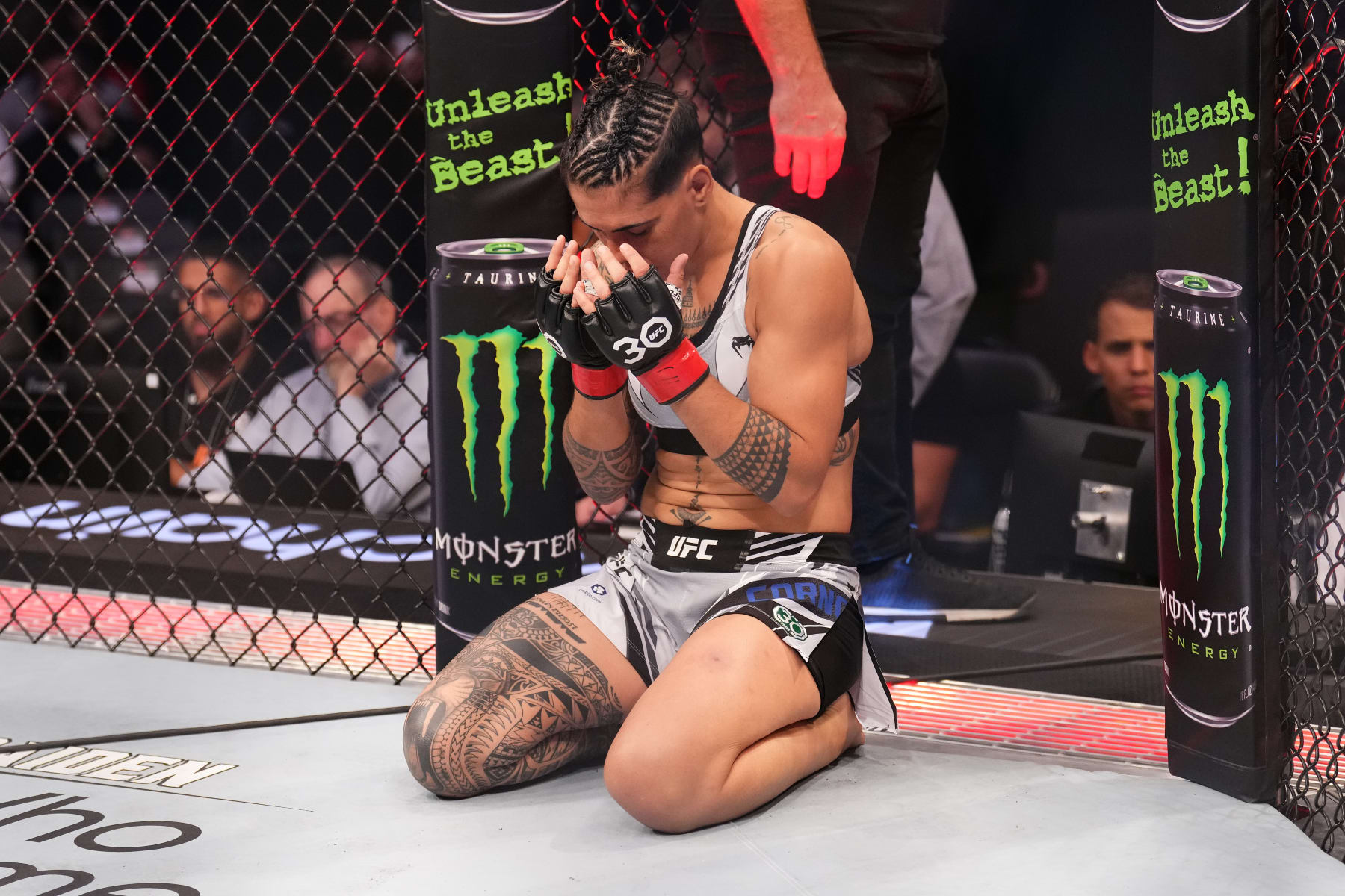 PARIS, FRANCE - SEPTEMBER 02: Nora Cornolle of France enters the Octagon prior to facing Joselyne Edwards of Panama in a bantamweight fight during the UFC Fight Night event at The Accor Arena on September 02, 2023 in Paris, France. (Photo by Josh Hedges/Zuffa LLC via Getty Images)