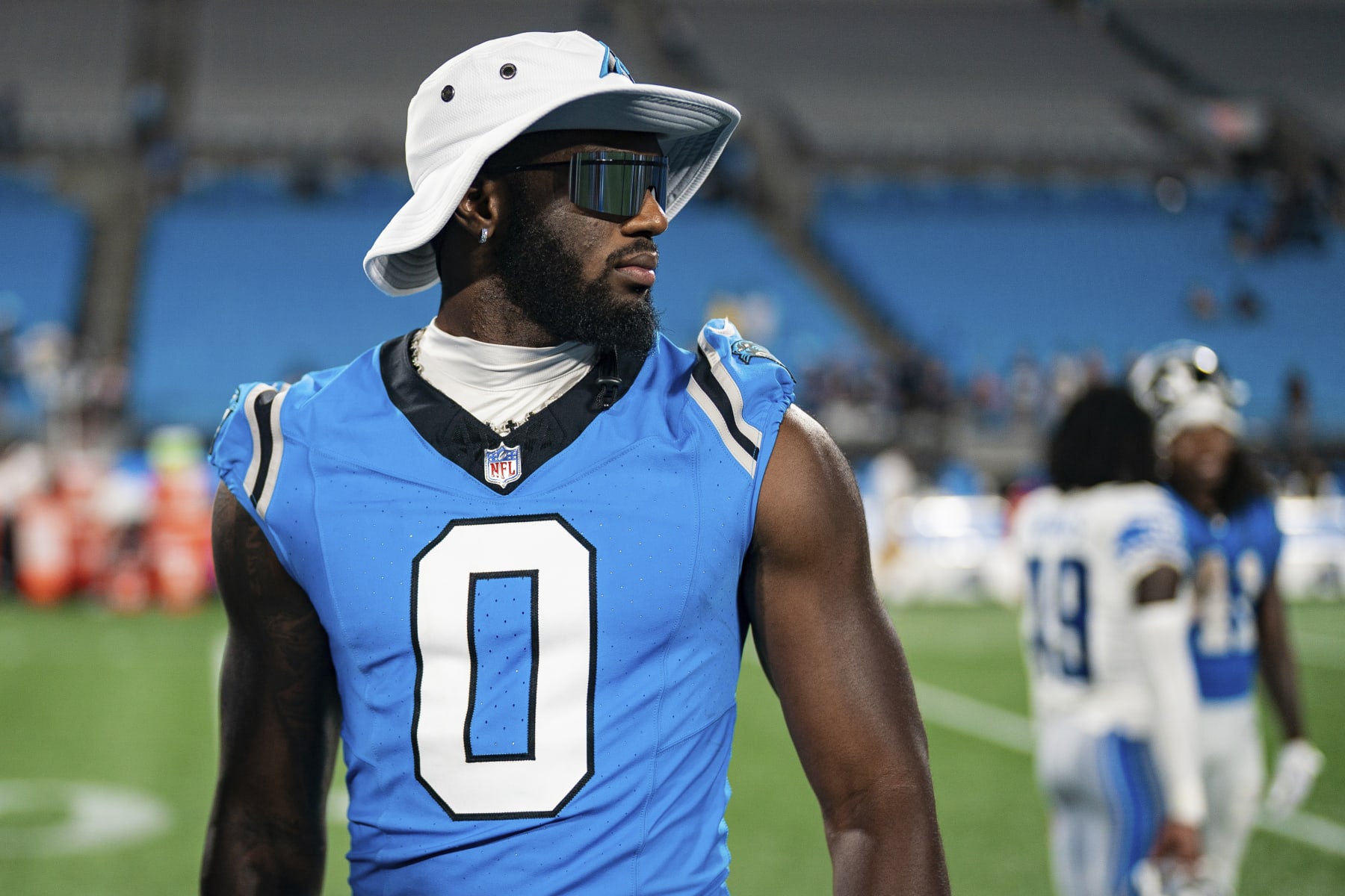 Carolina Panthers linebacker Brian Burns (0) looks on after a preseason NFL football game against the Detroit Lions Friday, Aug. 25, 2023, in Charlotte, N.C. (AP Photo/Jacob Kupferman)