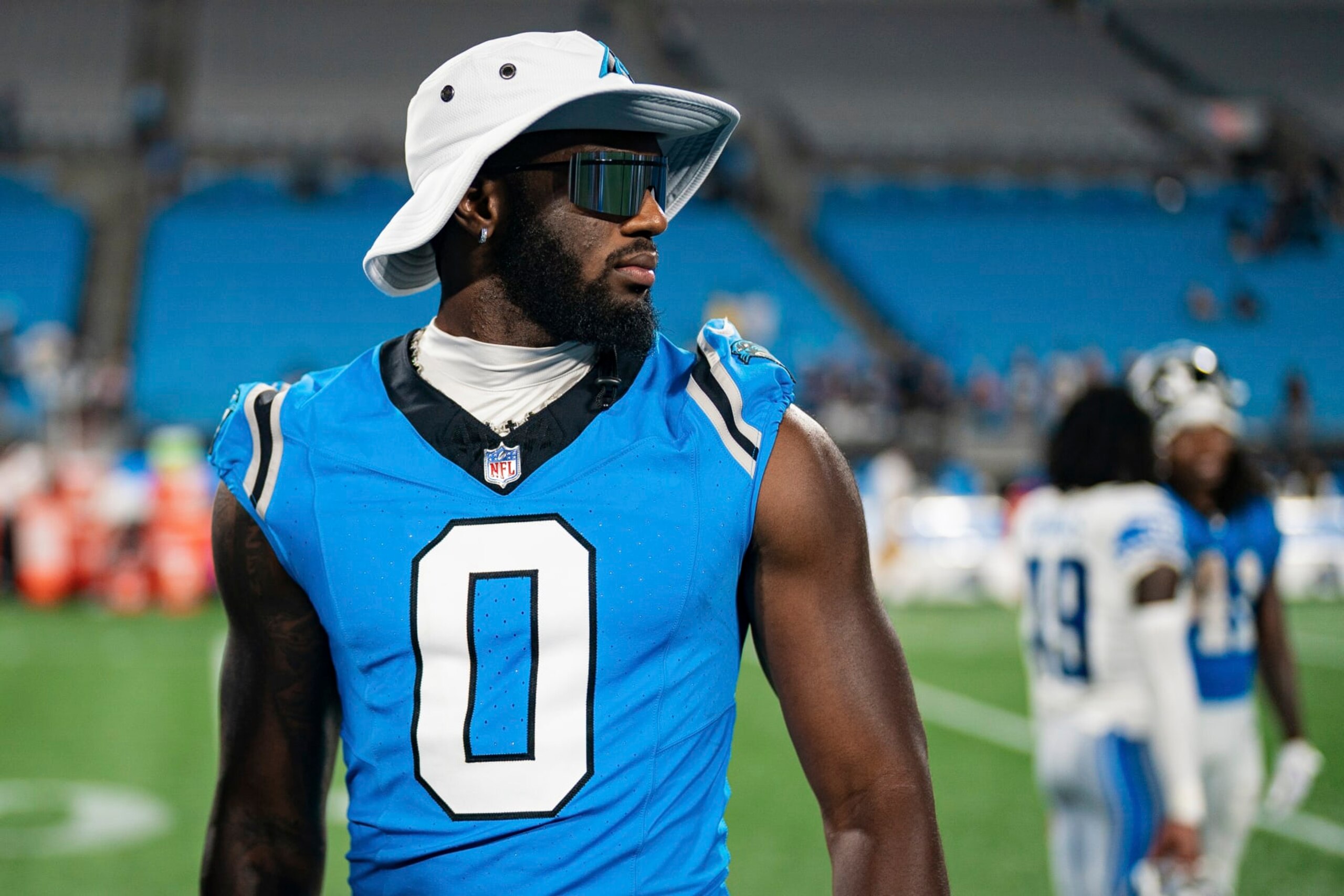 Carolina Panthers linebacker Brian Burns (0) looks on after a preseason NFL football game against the Detroit Lions Friday, Aug. 25, 2023, in Charlotte, N.C. (AP Photo/Jacob Kupferman)
