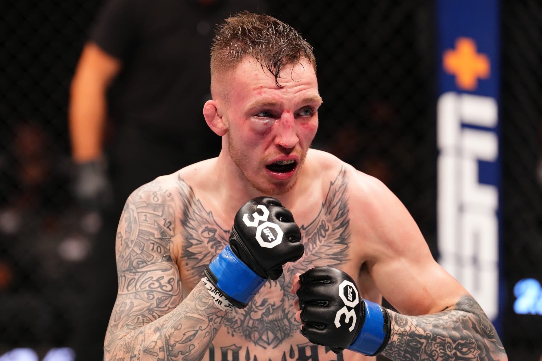 PARIS, FRANCE - SEPTEMBER 02: Rhys McKee of Northern Ireland faces Ange Loosa of the Congo in a welterweight fight during the UFC Fight Night event at The Accor Arena on September 02, 2023 in Paris, France. (Photo by Josh Hedges/Zuffa LLC via Getty Images)