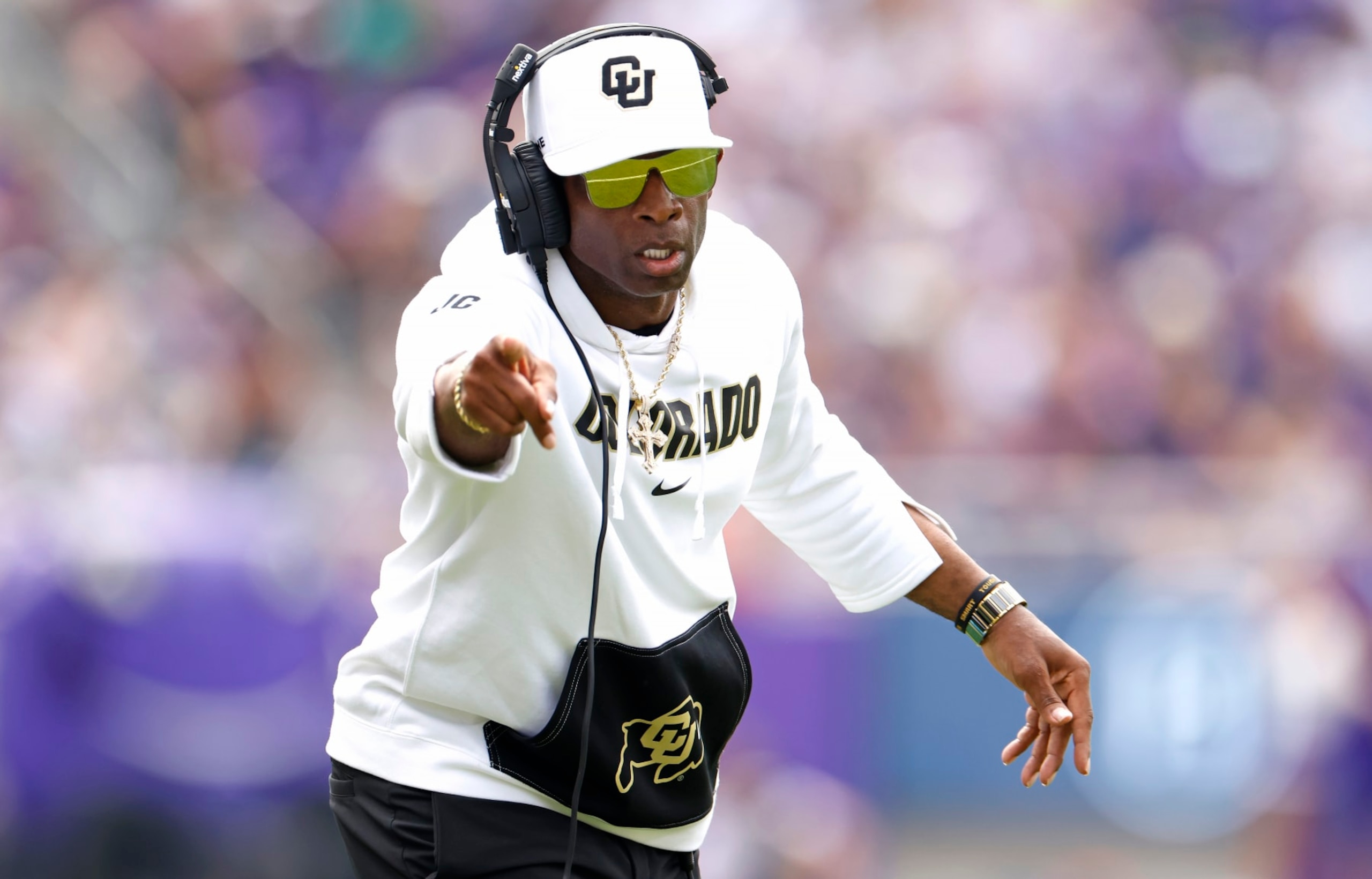 FORT WORTH, TX - SEPTEMBER 2: Head coach Deion Sanders of the Colorado Buffaloes celebrates a touchdown against the TCU Horned Frogs during the first half at Amon G. Carter Stadium on September 2, 2023 in Fort Worth, Texas. (Photo by Ron Jenkins/Getty Images)