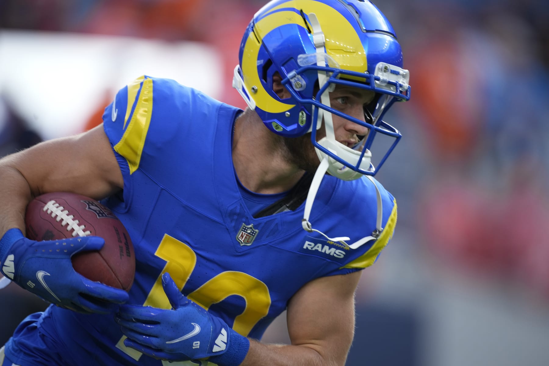 Los Angeles Rams wide receiver Cooper Kupp (10) warms up before an NFL preseason football game Saturday, Aug. 26, 2023, in Denver. (AP Photo/David Zalubowski)
