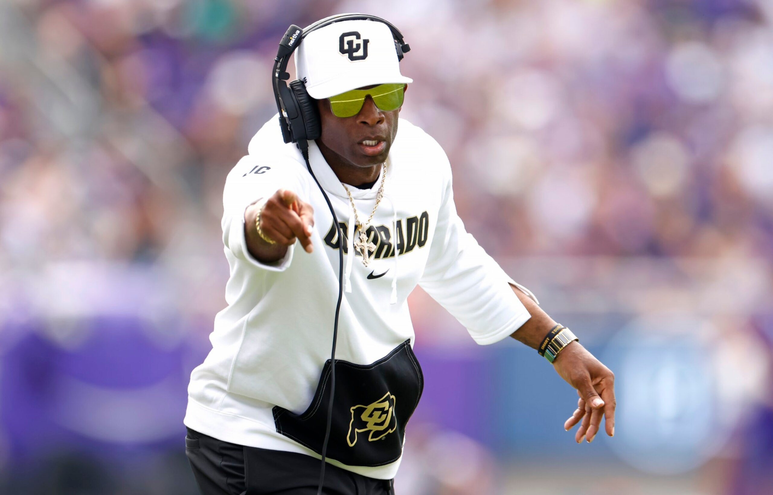 FORT WORTH, TX - SEPTEMBER 2: Head coach Deion Sanders of the Colorado Buffaloes celebrates a touchdown against the TCU Horned Frogs during the first half at Amon G. Carter Stadium on September 2, 2023 in Fort Worth, Texas. (Photo by Ron Jenkins/Getty Images)