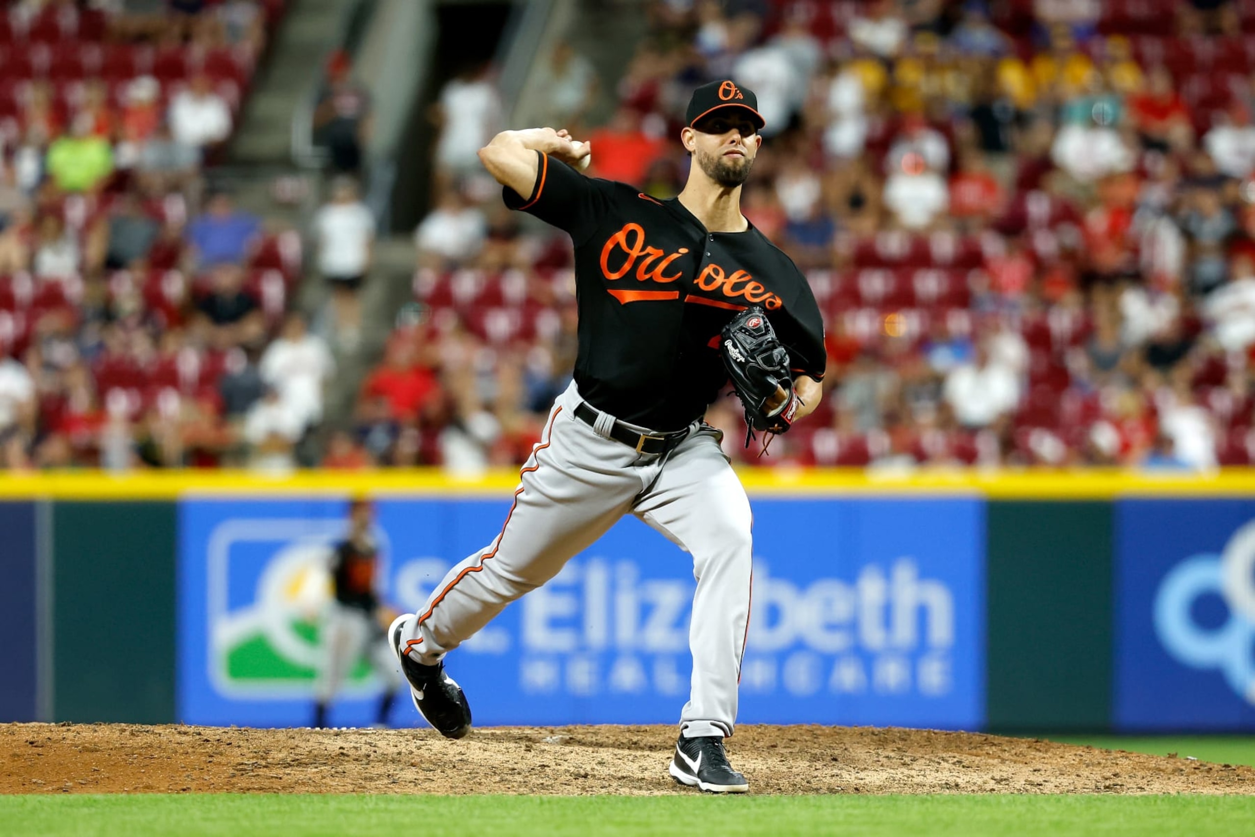 CINCINNATI, OH - JULY 29:  Jorge Lopez #48 of the Baltimore Orioles pitches during the game against the Cincinnati Reds at Great American Ball Park on July 29, 2022 in Cincinnati, Ohio. Baltimore defeated Cincinnati 6-2. (Photo by Kirk Irwin/Getty Images)