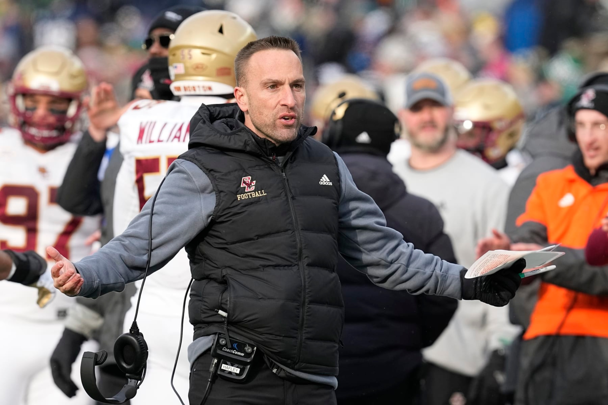 Boston College head coach Jeff Hafley questions a call during the first half of an NCAA college football game against Notre Dame, Saturday, Nov. 19, 2022, in South Bend, Ind. (AP Photo/Darron Cummings)