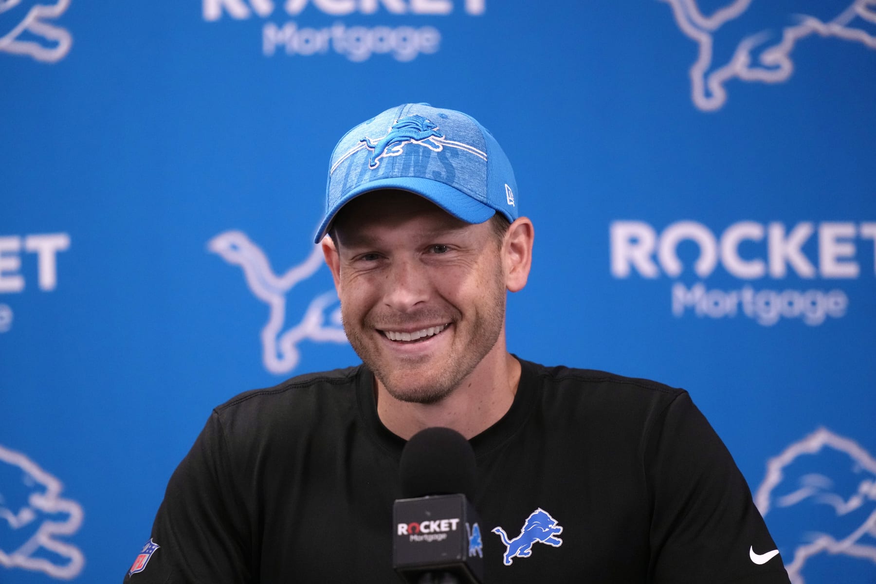 Detroit Lions offensive coordinator Ben Johnson addresses the media before an NFL football practice, Wednesday, July 26, 2023, in Allen Park, Mich. (AP Photo/Carlos Osorio)
