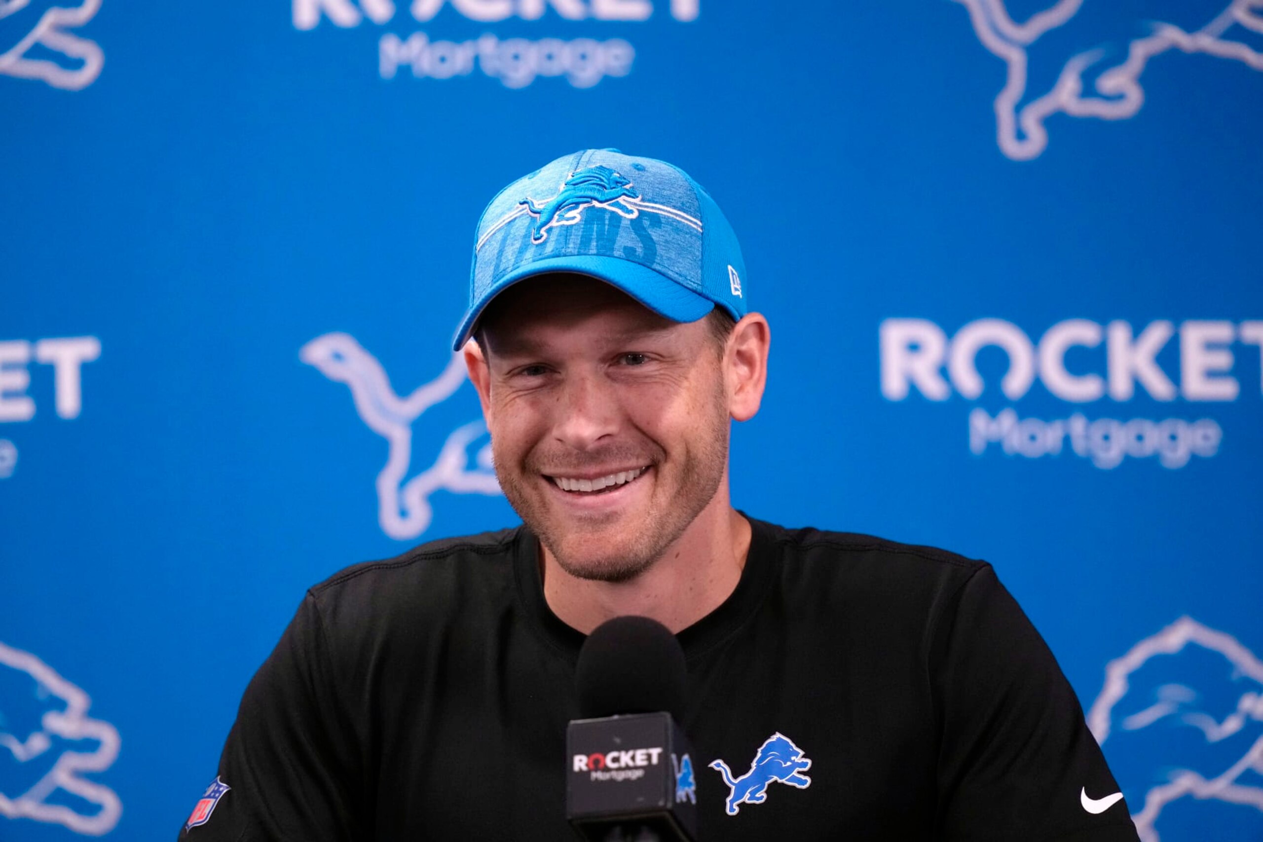 Detroit Lions offensive coordinator Ben Johnson addresses the media before an NFL football practice, Wednesday, July 26, 2023, in Allen Park, Mich. (AP Photo/Carlos Osorio)