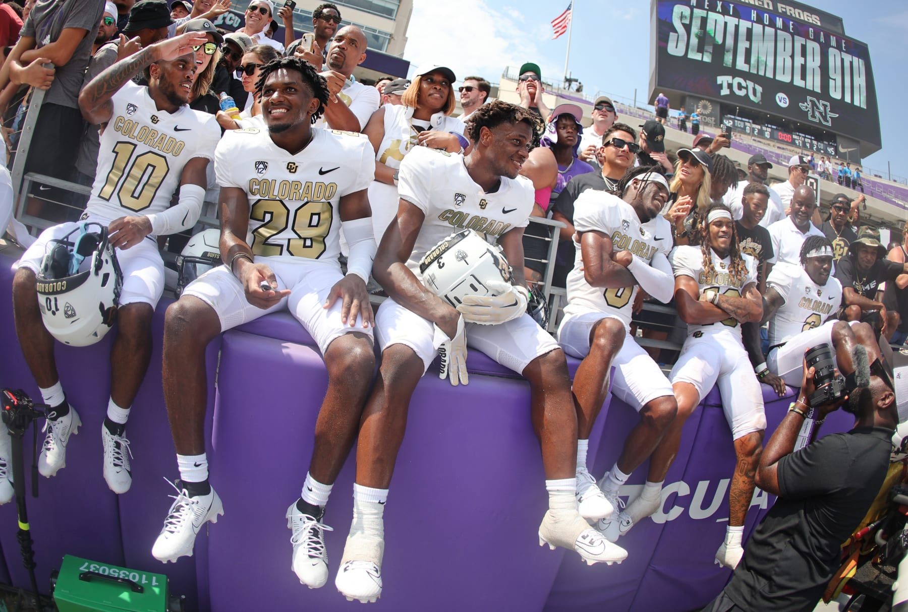 FORT WORTH, TX - SEPTEMBER 2: The Colorado Buffaloes celebrate the team's 45-42 win over the TCU Horned Frogs at Amon G. Carter Stadium on September 2, 2023 in Fort Worth, Texas.  (Photo by Ron Jenkins/Getty Images)