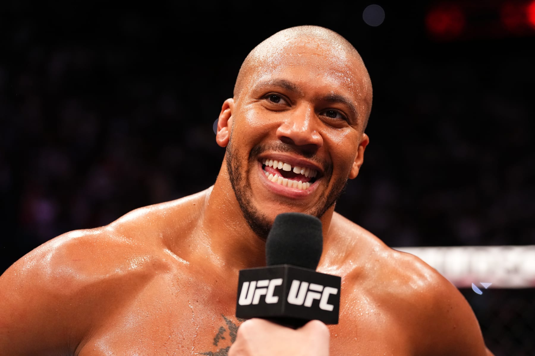 PARIS, FRANCE - SEPTEMBER 02: Ciryl Gane of France is interviewed after defeating Serghei Spivac of Moldova in a heavyweight fight during the UFC Fight Night event at The Accor Arena on September 02, 2023 in Paris, France. (Photo by Josh Hedges/Zuffa LLC via Getty Images)