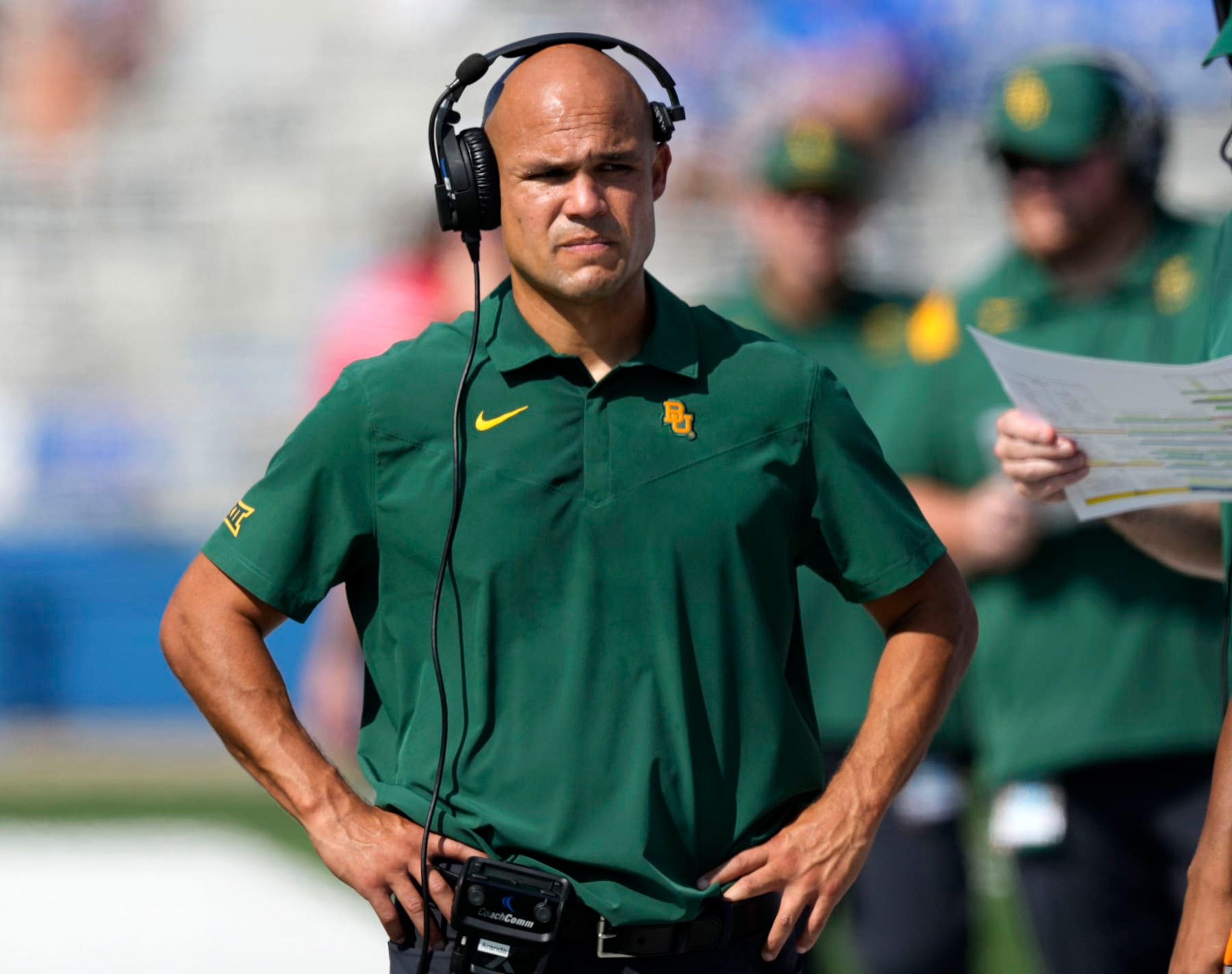 FILE - Baylor head coach Dave Aranda walks the sideline during the first half of an NCAA college football game against Kansas in Lawrence, Kan., Sept. 18 2021. Baylor opens their season at home against Texas State on Sept. 2. (AP Photo/Orlin Wagner, File)