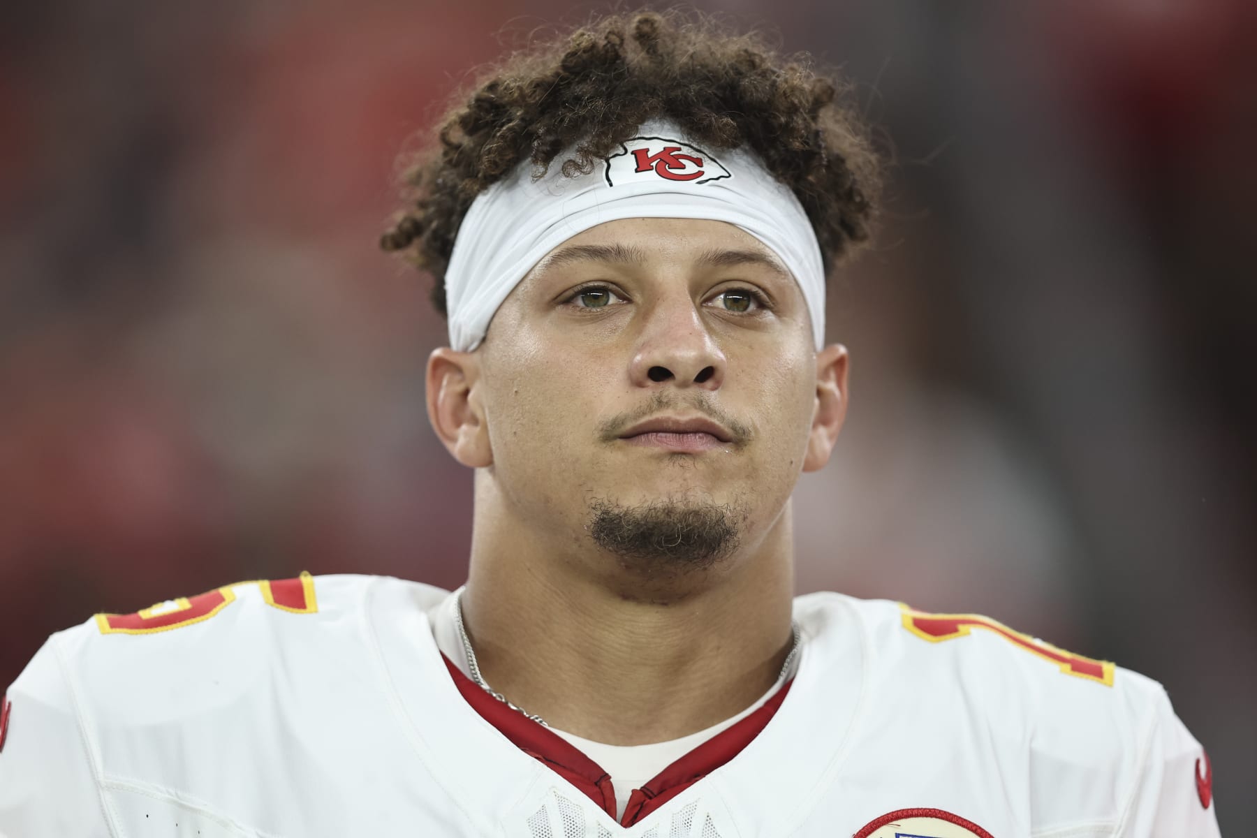 GLENDALE, ARIZONA - AUGUST 19: Patrick Mahomes #15 of the Kansas City Chiefs looks on during the national anthem prior to an NFL preseason football game between the Arizona Cardinals and the Kansas City Chiefs at State Farm Stadium on August 19, 2023 in Glendale, Arizona. (Photo by Michael Owens/Getty Images)