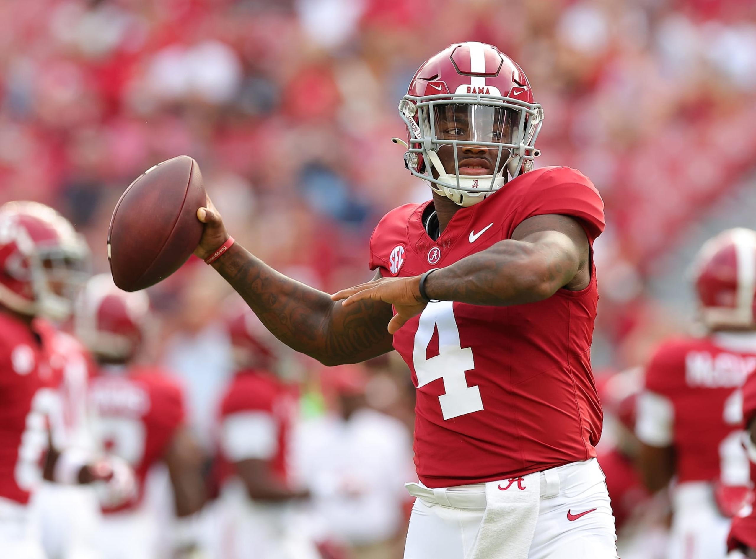 TUSCALOOSA, ALABAMA - SEPTEMBER 02:  Jalen Milroe #4 of the Alabama Crimson Tide warms up prior to facing the Middle Tennessee Blue Raiders at Bryant-Denny Stadium on September 02, 2023 in Tuscaloosa, Alabama. (Photo by Kevin C. Cox/Getty Images)