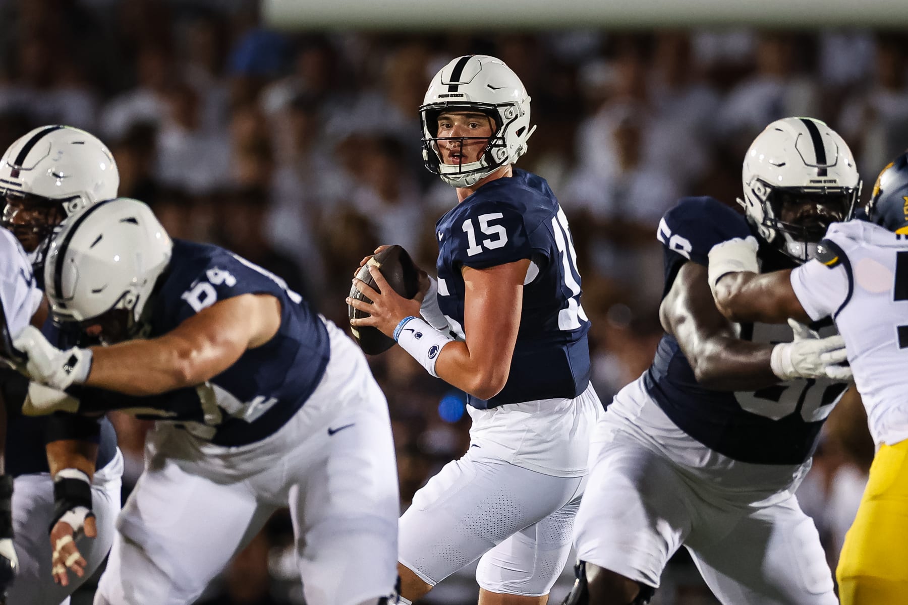 STATE COLLEGE, PA - SEPTEMBER 02: Drew Allar #15 of the Penn State Nittany Lions looks to pass against the West Virginia Mountaineers during the first half at Beaver Stadium on September 2, 2023 in State College, Pennsylvania. (Photo by Scott Taetsch/Getty Images)