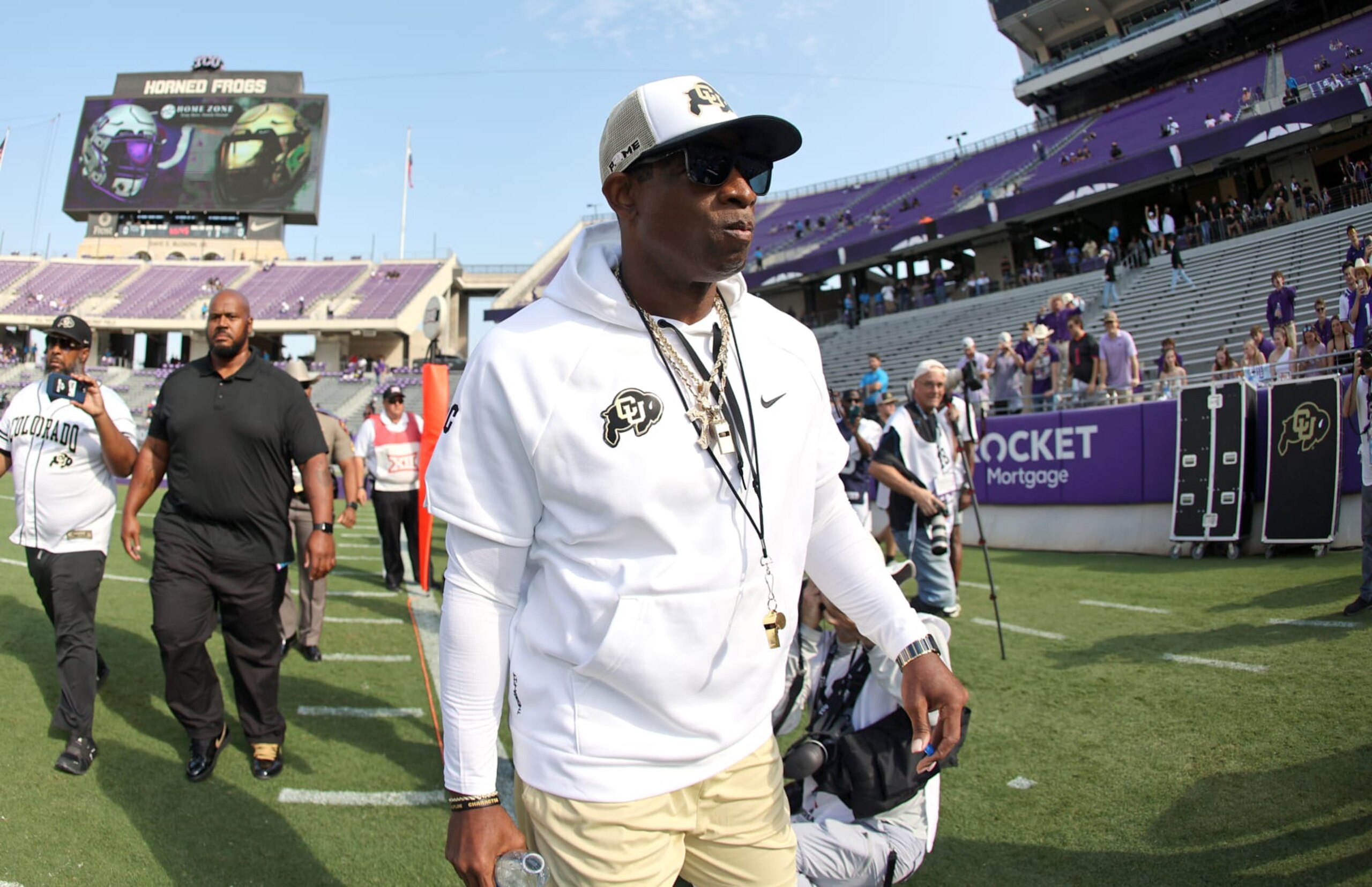 FORT WORTH, TX - SEPTEMBER 2: Head coach Deion Sanders of the Colorado Buffaloes walks on the field before the game between the TCU Horned Frogs and the Colorado Buffaloes at Amon G. Carter Stadium on September 2, 2023 in Fort Worth, Texas. (Photo by Ron Jenkins/Getty Images) FORT WORTH, TX - SEPTEMBER 2: Head coach Deion Sanders of the Colorado Buffaloes walks on the field before the game between the TCU Horned Frogs and the Colorado Buffaloes at Amon G. Carter Stadium on September 2, 2023 in Fort Worth, Texas. (Photo by Ron Jenkins/Getty Images)