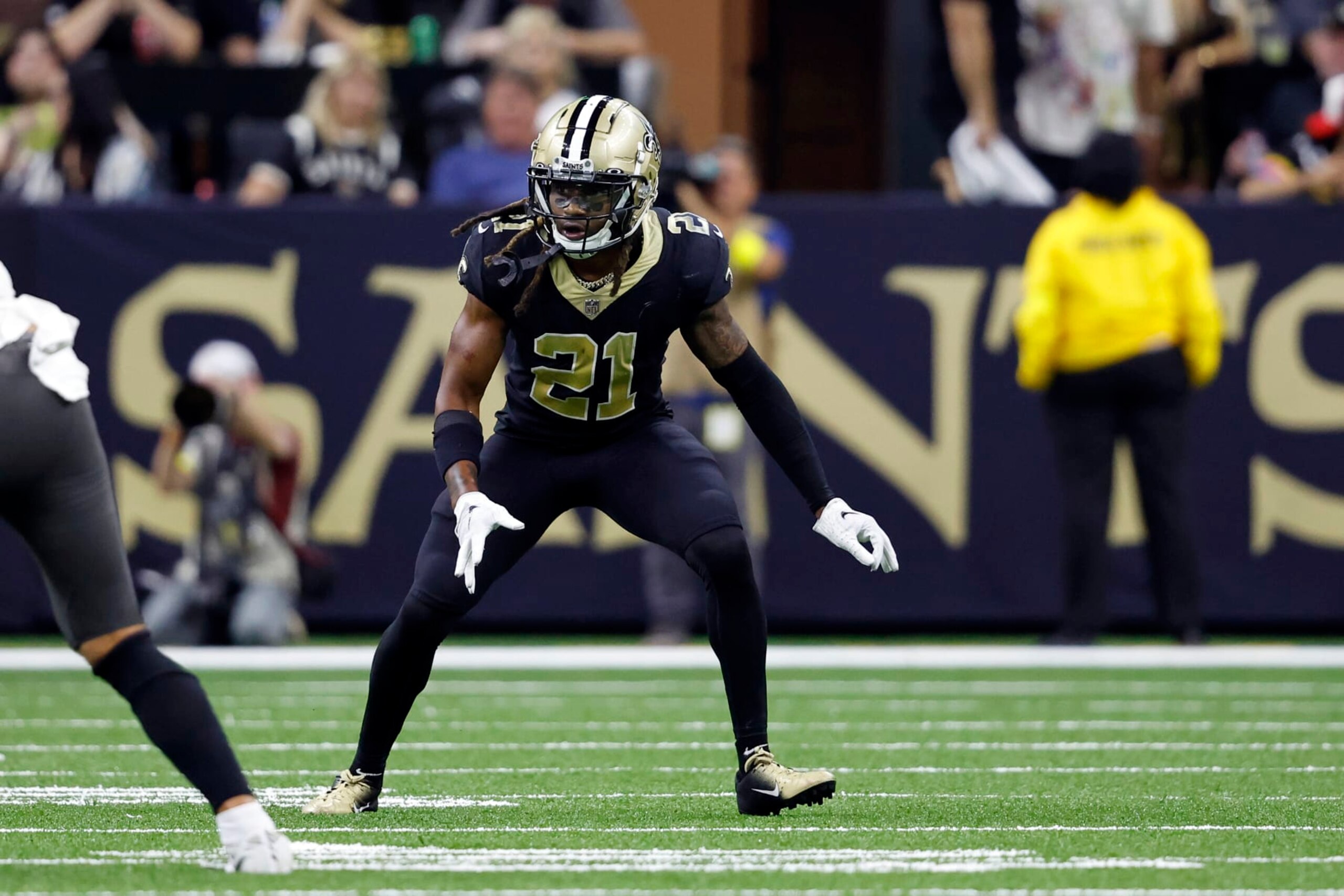 New Orleans Saints cornerback Bradley Roby (21) in action during an NFL football game against the Tampa Bay Buccaneers, Sunday, Sept. 18, 2022, in New Orleans. (AP Photo/Tyler Kaufman)