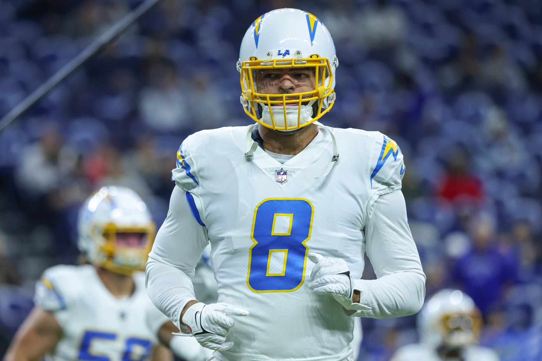 INDIANAPOLIS, IN - DECEMBER 26: Kyle Van Noy #8 of the Los Angeles Chargers is seen before the game against the Indianapolis Colts at Lucas Oil Stadium on December 26, 2022 in Indianapolis, Indiana. (Photo by Michael Hickey/Getty Images)