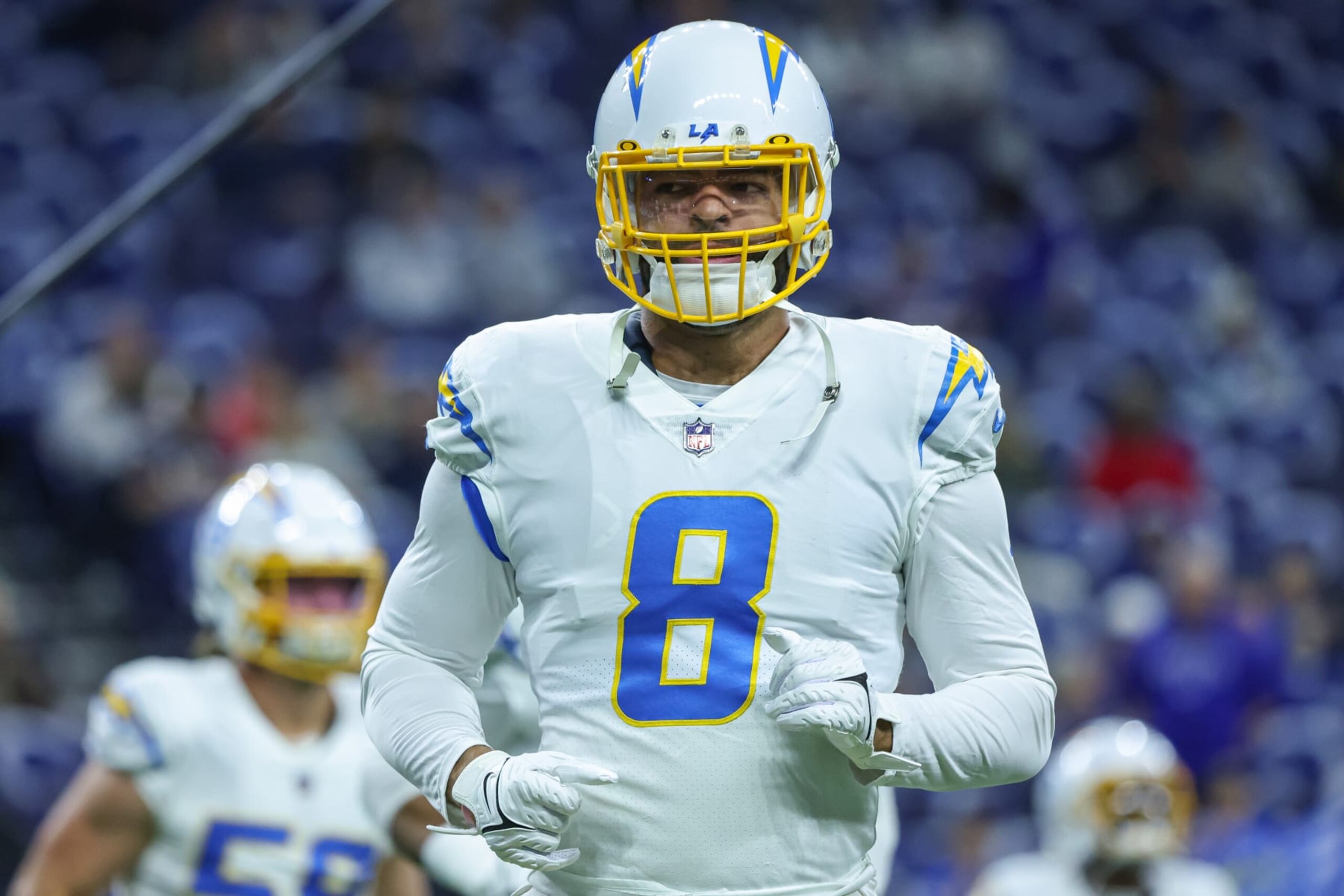 INDIANAPOLIS, IN - DECEMBER 26: Kyle Van Noy #8 of the Los Angeles Chargers is seen before the game against the Indianapolis Colts at Lucas Oil Stadium on December 26, 2022 in Indianapolis, Indiana. (Photo by Michael Hickey/Getty Images) INDIANAPOLIS, IN - DECEMBER 26: Kyle Van Noy #8 of the Los Angeles Chargers is seen before the game against the Indianapolis Colts at Lucas Oil Stadium on December 26, 2022 in Indianapolis, Indiana. (Photo by Michael Hickey/Getty Images)