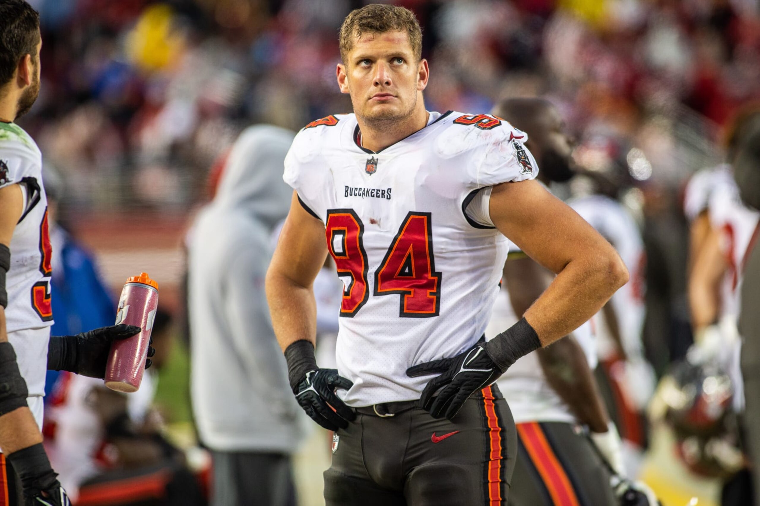 SANTA CLARA, CA - DECEMBER 11: Tampa Bay Buccaneers outside linebacker Carl Nassib (94) on the sidelines in the fourth quarter of an NFL game between the San Francisco 49ers and Tampa Bay Buccaneers on December 11, 2022, at Levis Stadium, in Santa Clara, CA. (Photo by Tony Ding/Icon Sportswire via Getty Images) SANTA CLARA, CA - DECEMBER 11: Tampa Bay Buccaneers outside linebacker Carl Nassib (94) on the sidelines in the fourth quarter of an NFL game between the San Francisco 49ers and Tampa Bay Buccaneers on December 11, 2022, at Levis Stadium, in Santa Clara, CA. (Photo by Tony Ding/Icon Sportswire via Getty Images)