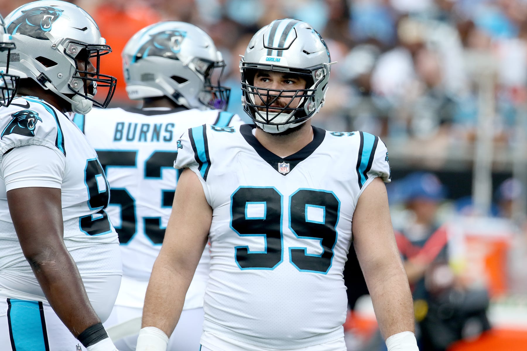 CHARLOTTE, NC - SEPTEMBER 11: Carolina Panthers defensive tackle Matt Ioannidis (99) during an NFL football game between the Cleveland Browns and the Carolina Panthers on September 11, 2022 at Bank of America Stadium in Charlotte, N.C. (Photo by John Byrum/Icon Sportswire via Getty Images)