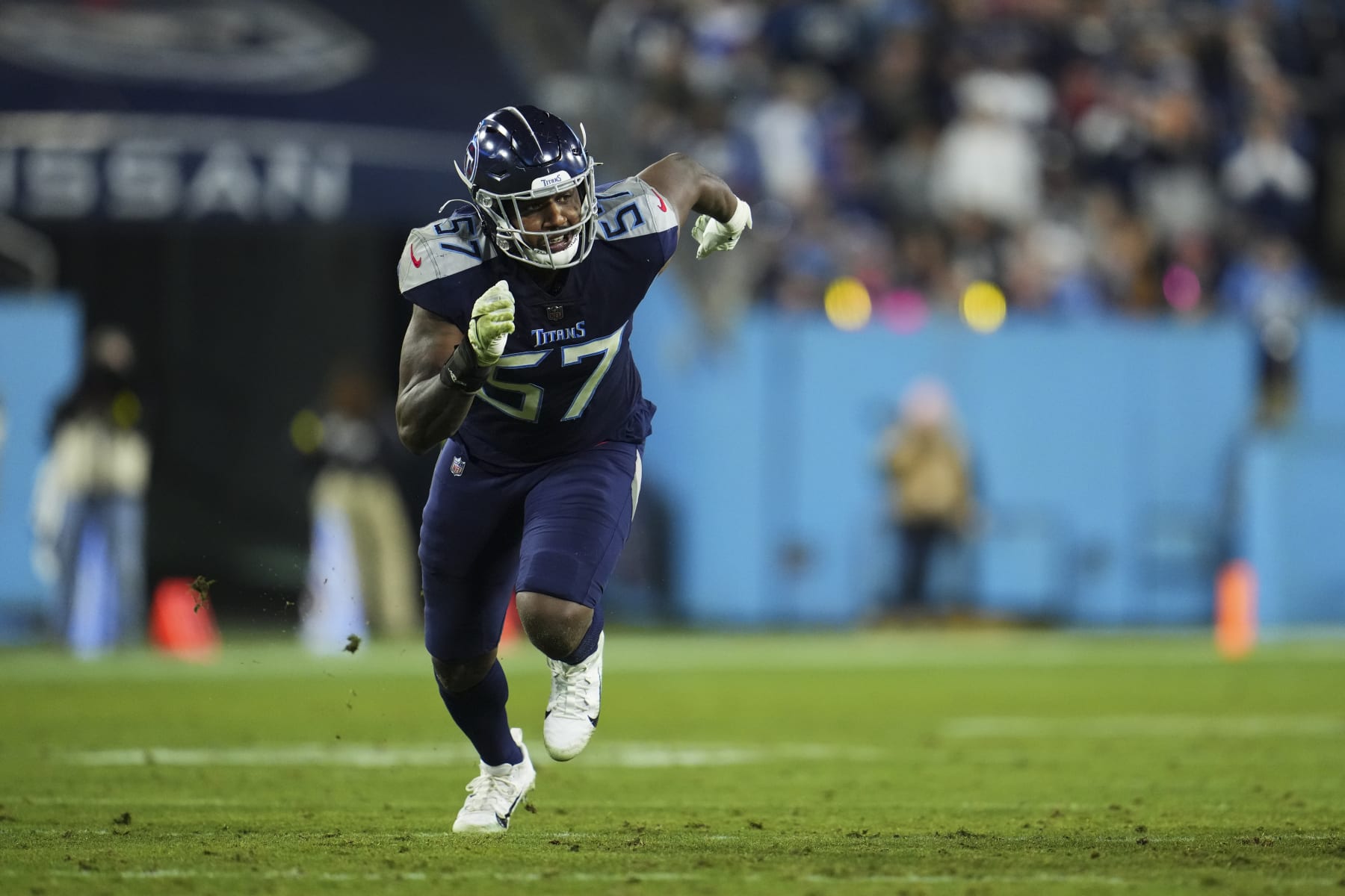 NASHVILLE, TN - DECEMBER 29: Tarell Basham #57 of the Tennessee Titans defends against the Dallas Cowboys at Nissan Stadium on December 29, 2022 in Nashville, Tennessee. (Photo by Cooper Neill/Getty Images) NASHVILLE, TN - DECEMBER 29: Tarell Basham #57 of the Tennessee Titans defends against the Dallas Cowboys at Nissan Stadium on December 29, 2022 in Nashville, Tennessee. (Photo by Cooper Neill/Getty Images)