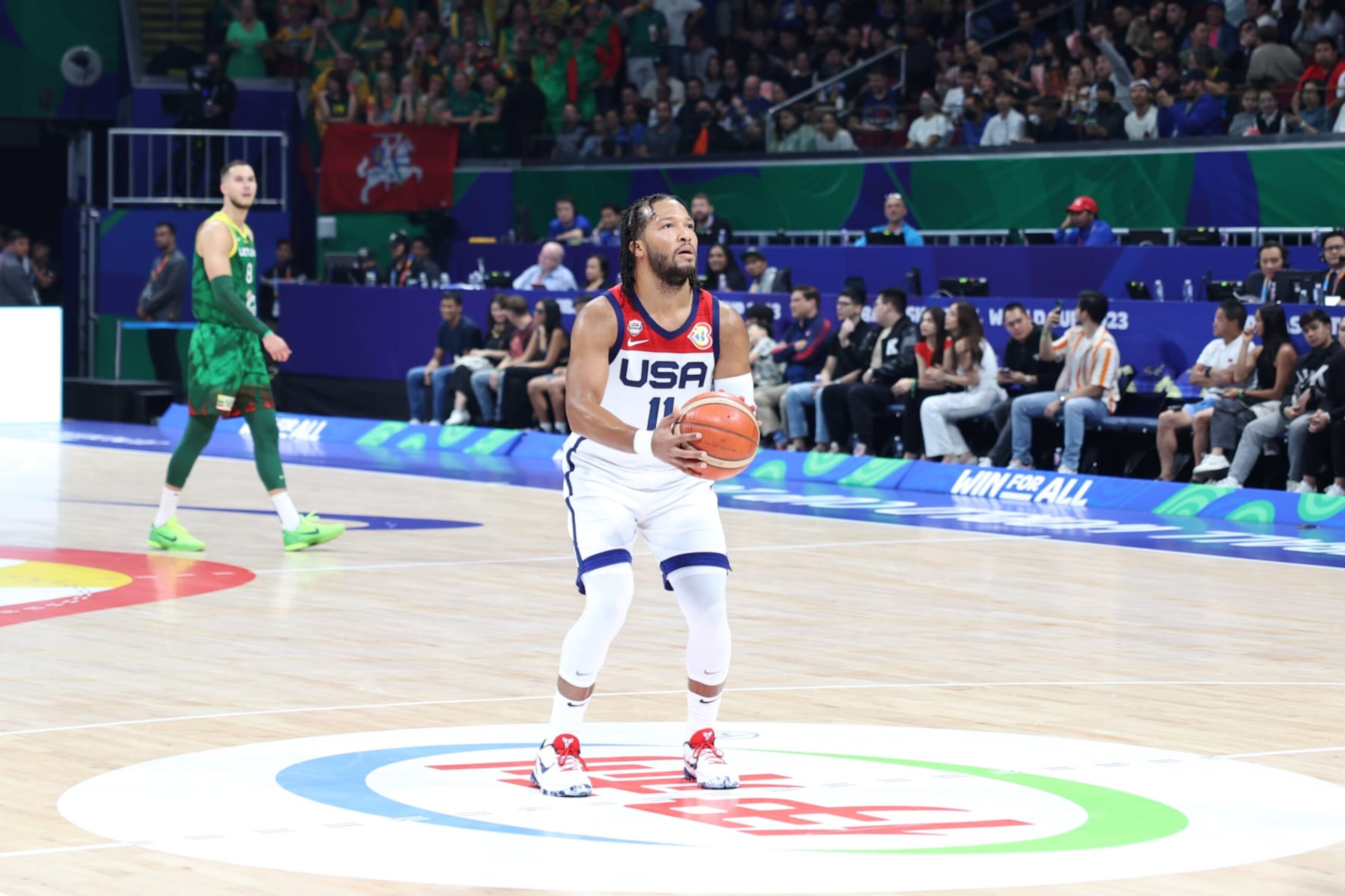 MANILA, PHILIPPINES - SEPTEMBER 3: Jalen Brunson #11 of the USA Men's Senior National Team shoots a free throw during the game against Lithuania in the third round as part of the 2023 FIBA World Cup on September 3, 2023 at Mall of Asia Arena in Manila, Philippines. NOTE TO USER: User expressly acknowledges and agrees that, by downloading and/or using this photograph, user is consenting to the terms and conditions of the Getty Images License Agreement. Mandatory Copyright Notice: Copyright 2023 NBAE (Photo by Brian Choi/NBAE via Getty Images) MANILA, PHILIPPINES - SEPTEMBER 3: Jalen Brunson #11 of the USA Men's Senior National Team shoots a free throw during the game against Lithuania in the third round as part of the 2023 FIBA World Cup on September 3, 2023 at Mall of Asia Arena in Manila, Philippines. NOTE TO USER: User expressly acknowledges and agrees that, by downloading and/or using this photograph, user is consenting to the terms and conditions of the Getty Images License Agreement. Mandatory Copyright Notice: Copyright 2023 NBAE (Photo by Brian Choi/NBAE via Getty Images)